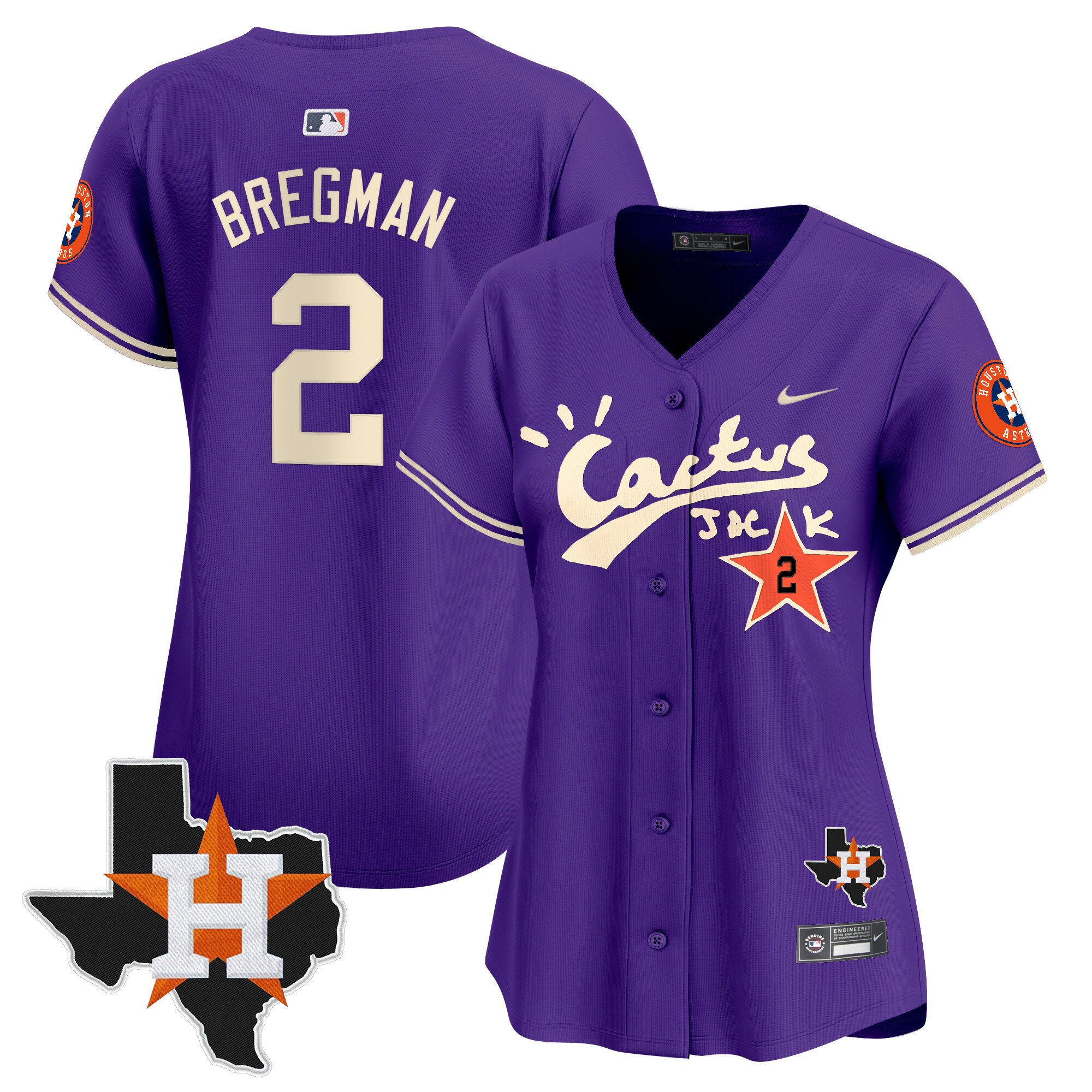 Women's Alex Bregman Houston Astros Cactus Jack Patch Vapor Premier Limited Purple Jersey V11 - Stitched