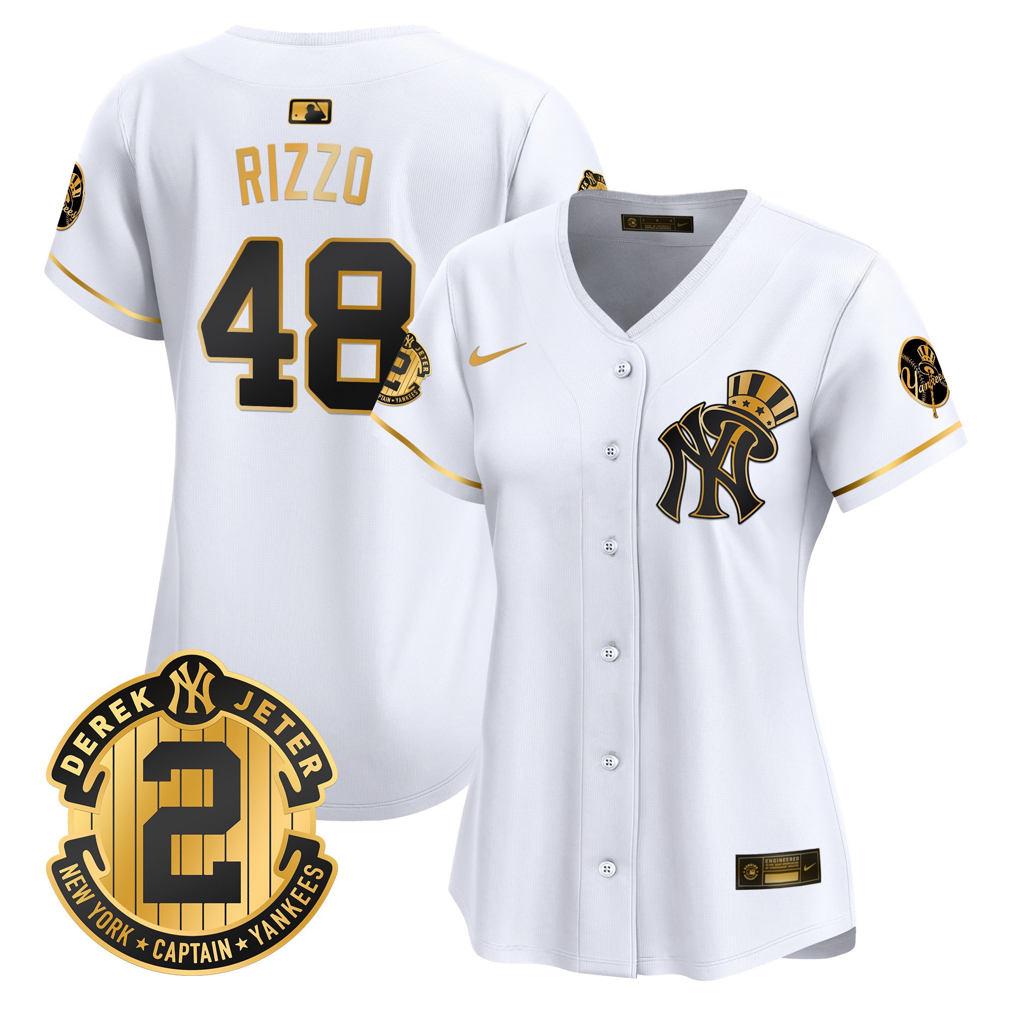 Women's Anthony Rizzo New York Yankees Derek Jeter Patch Vapor Premier Limited White Gold Jersey V2 - All Stitched