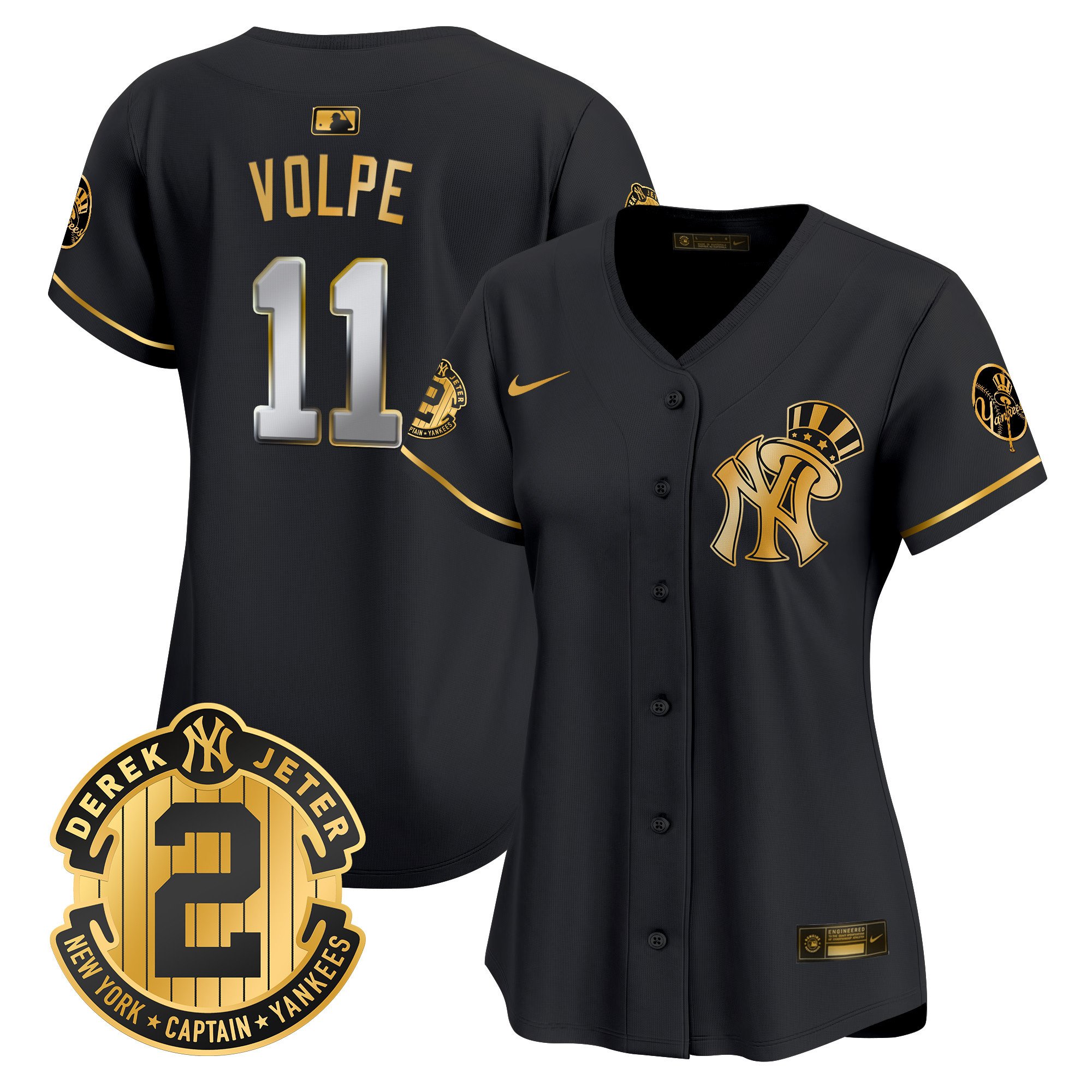 Women's Anthony Volpe New York Yankees Derek Jeter Patch Vapor Premier Limited Black Gold Jersey V2 - All Stitched