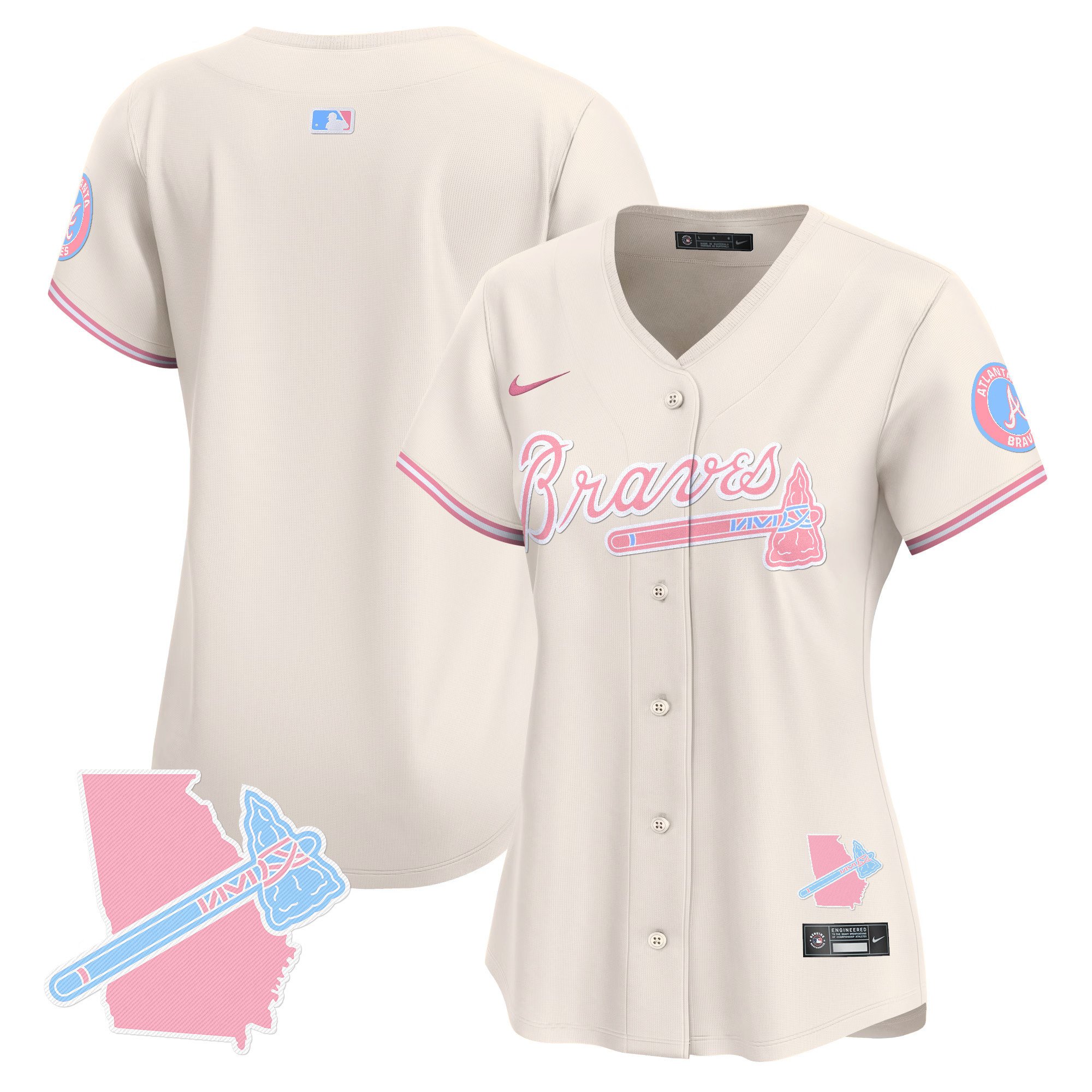 Women's Atlanta Braves Bubblegum Pink Vapor Premier Limited Cream Jersey - All Stitched