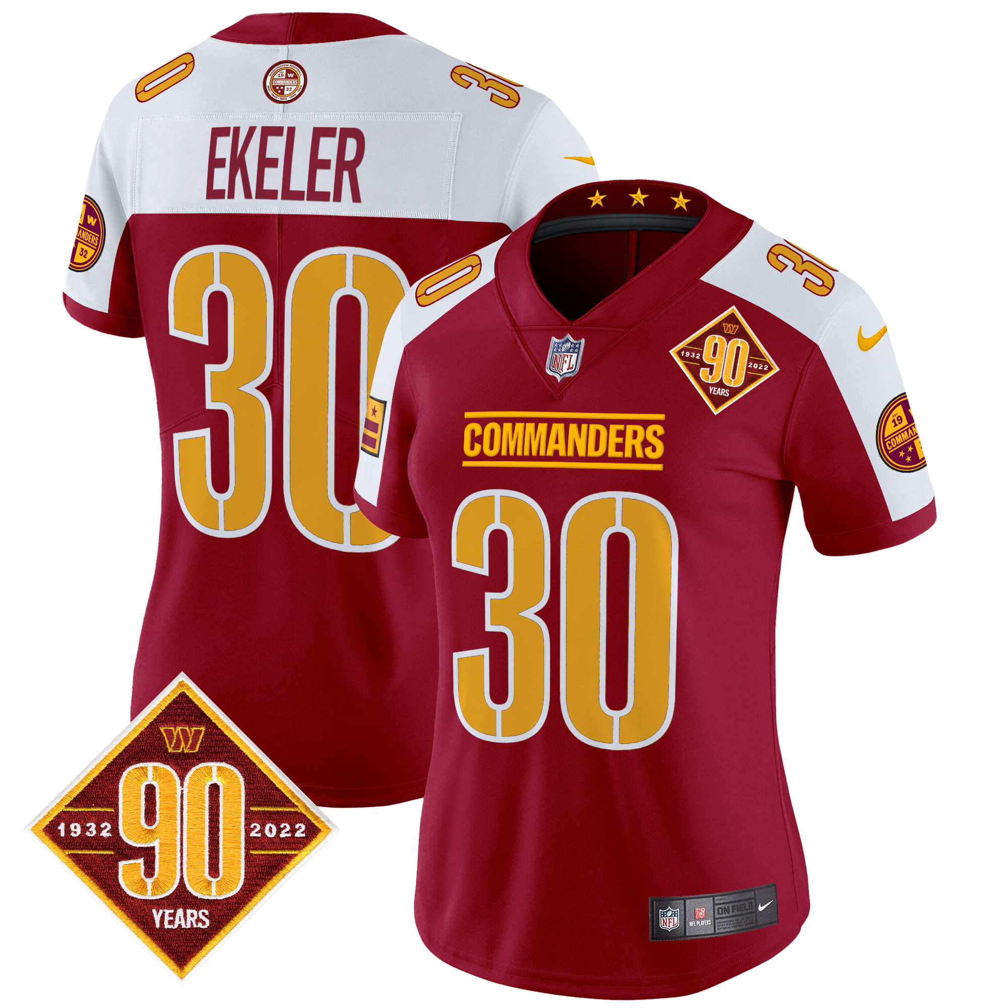 Women's Austin Ekeler Washington Commanders 90th Anniversary Patch Vapor Limited Burgundy Alternate Jersey - All Stitched