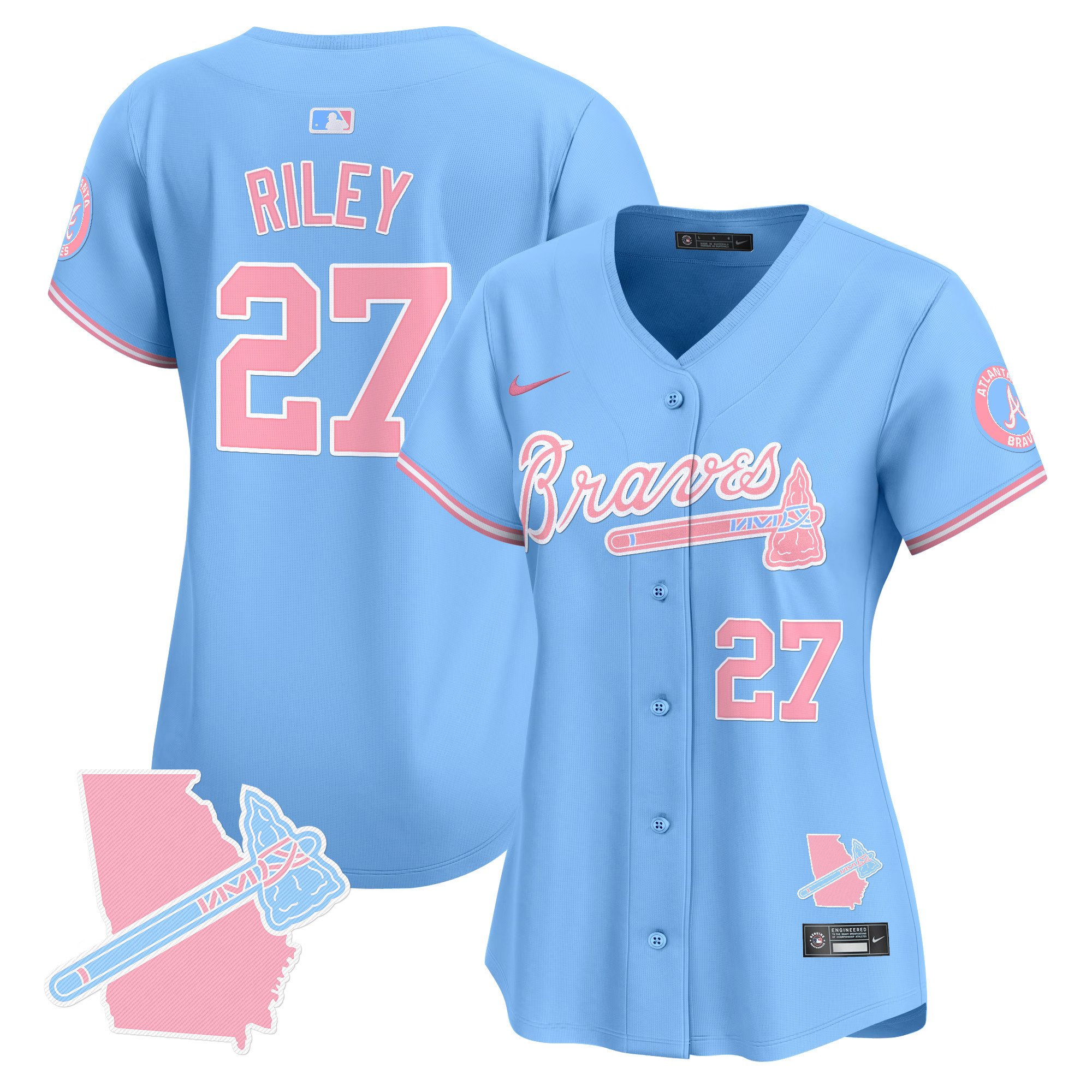 Women's Austin Riley Atlanta Braves Bubblegum Pink Vapor Premier Limited Light Blue Jersey - All Stitched