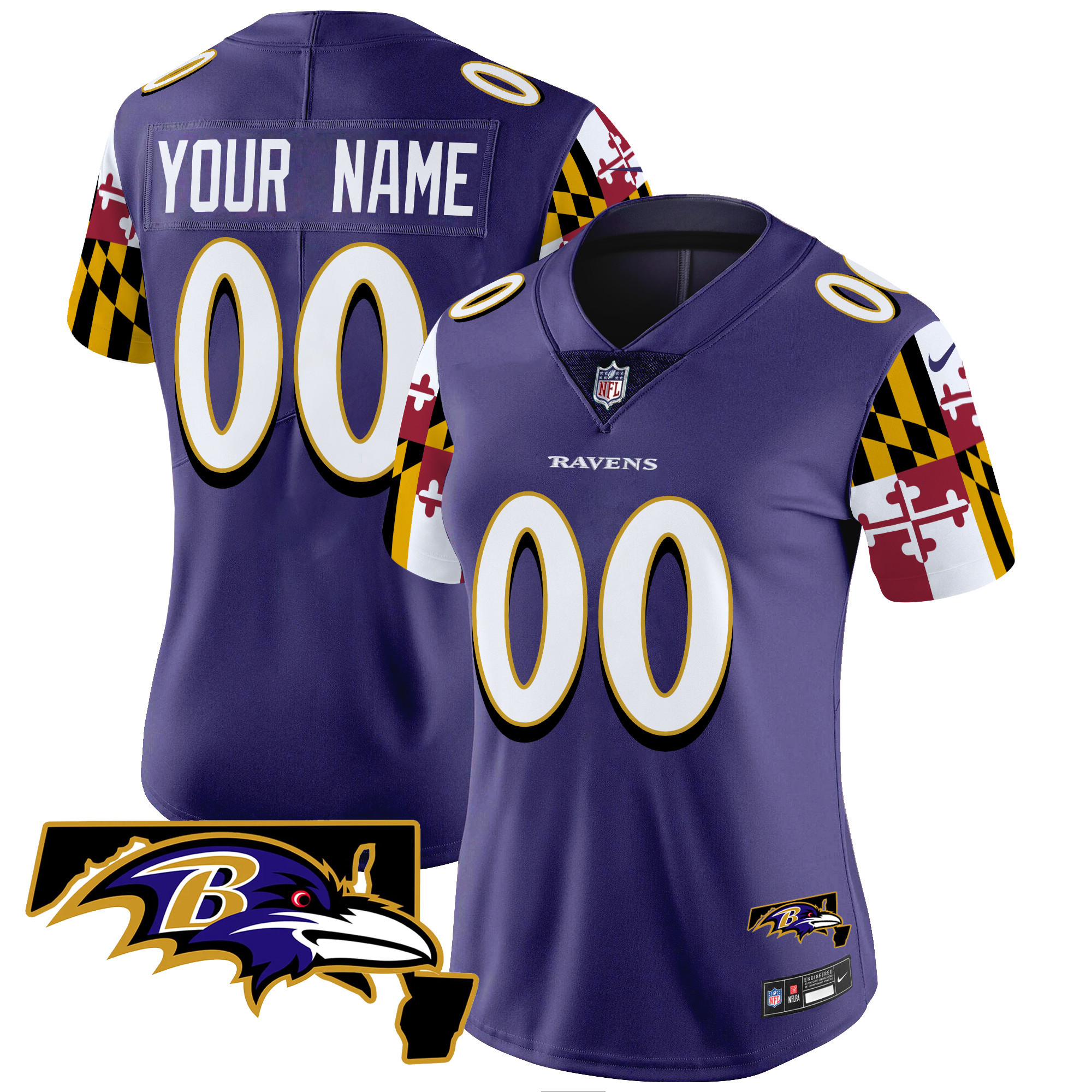 Women's Baltimore Ravens Maryland Flag Vapor Limited Custom Purple Jersey V2 - All Stitched