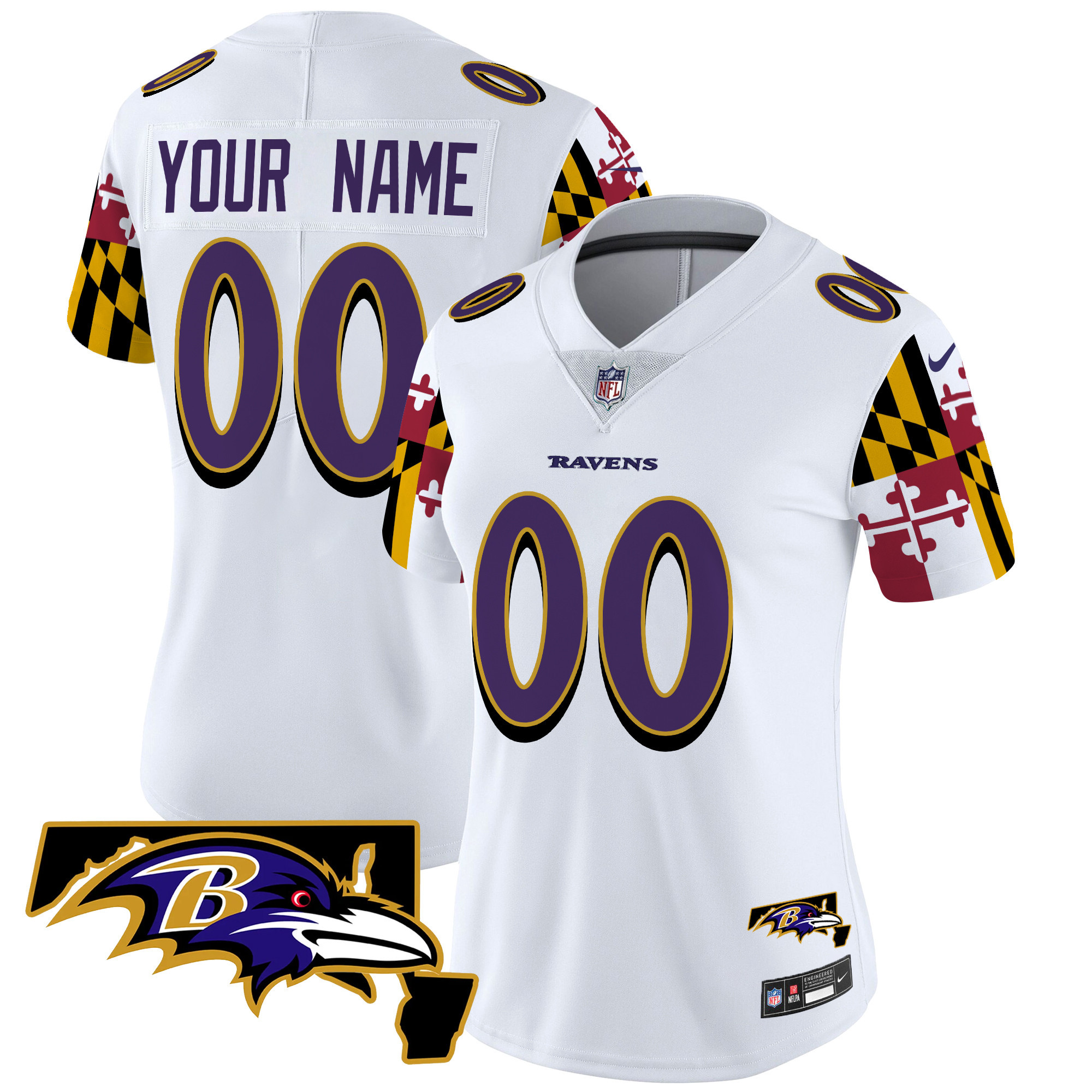 Women's Baltimore Ravens Maryland Flag Vapor Limited Custom White Jersey V2 - All Stitched