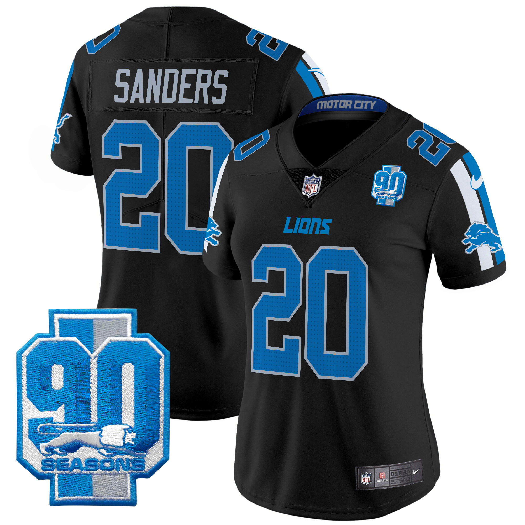 Women's Barry Sanders Detroit Lions 90th Year Patch Vapor Limited Black Jersey - All Stitched