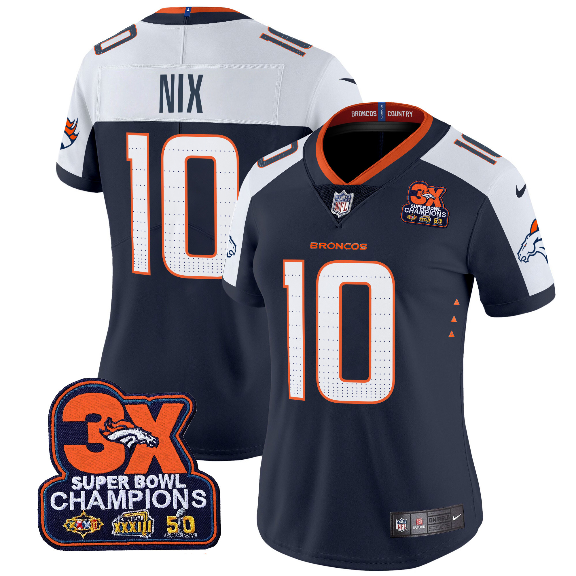 Women's Bo Nix Denver Broncos 3-Time Champions Patch Vapor Limited Navy Alternate Jersey - All Stitched
