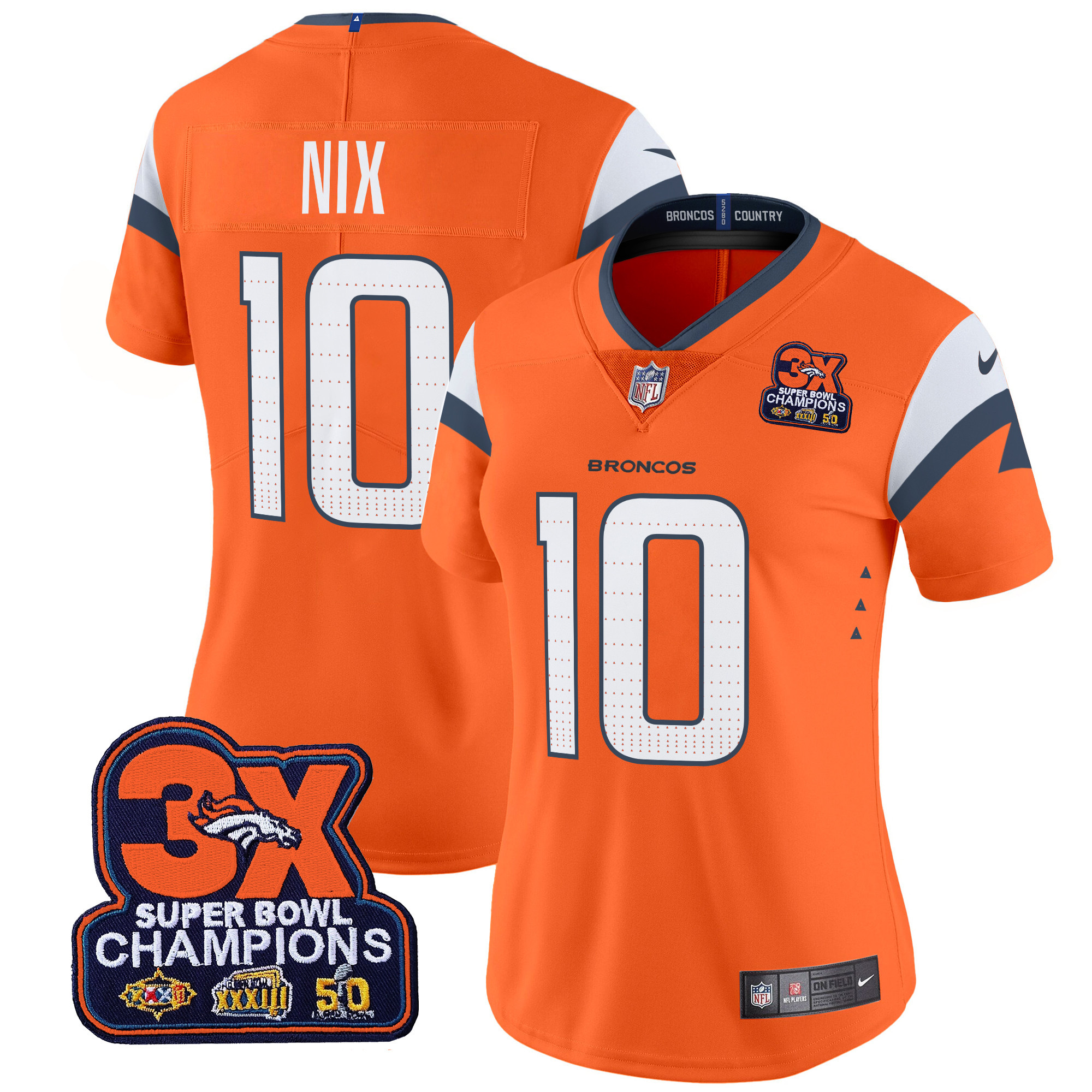 Women's Bo Nix Denver Broncos 3-Time Champions Patch Vapor Limited Orange Jersey - All Stitched