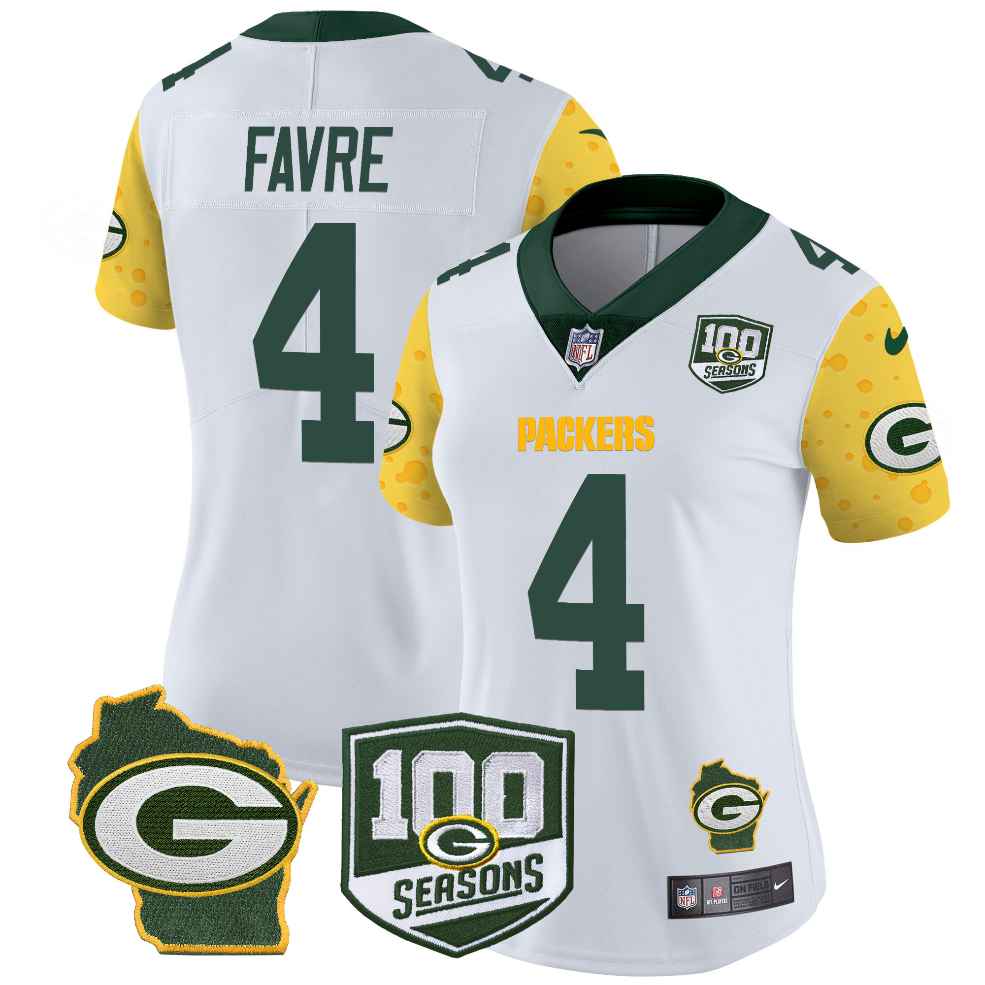 Women's Brett Favre Green Bay Packers 100th Season & Home Patch Cheese Vapor Limited White Jersey â€“ All Stitched