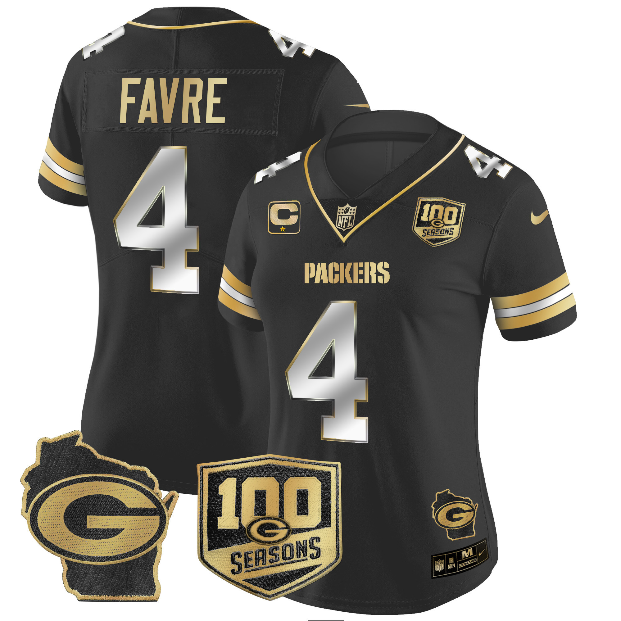 Women's Brett Favre Green Bay Packers 100th Season & Home Patch Gold Vapor Limited Black Limited Jersey â€“ All Stitched