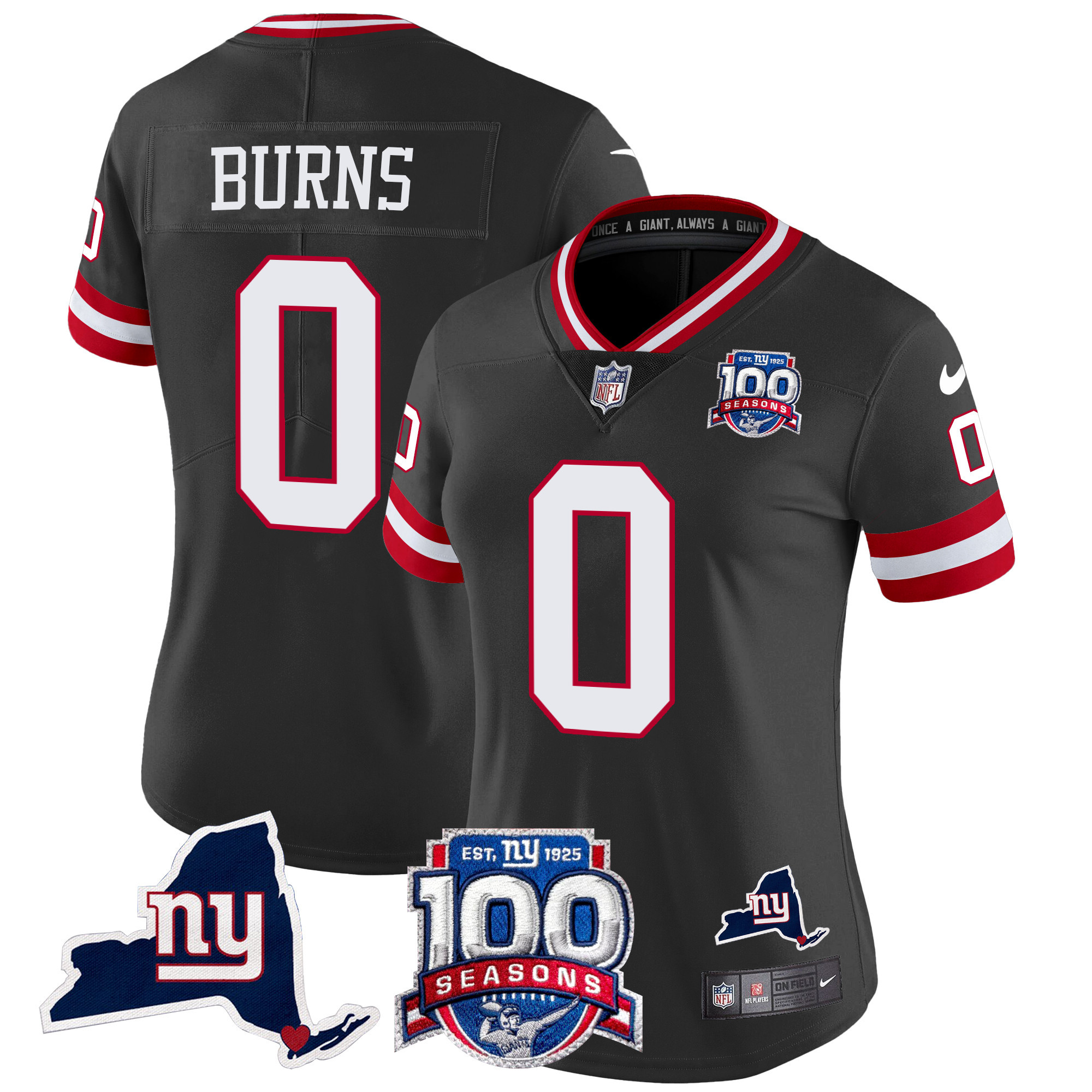 Women's Brian Burns New York Giants 100th Season & State Patch Vapor Limited Black Jersey - All Stitched
