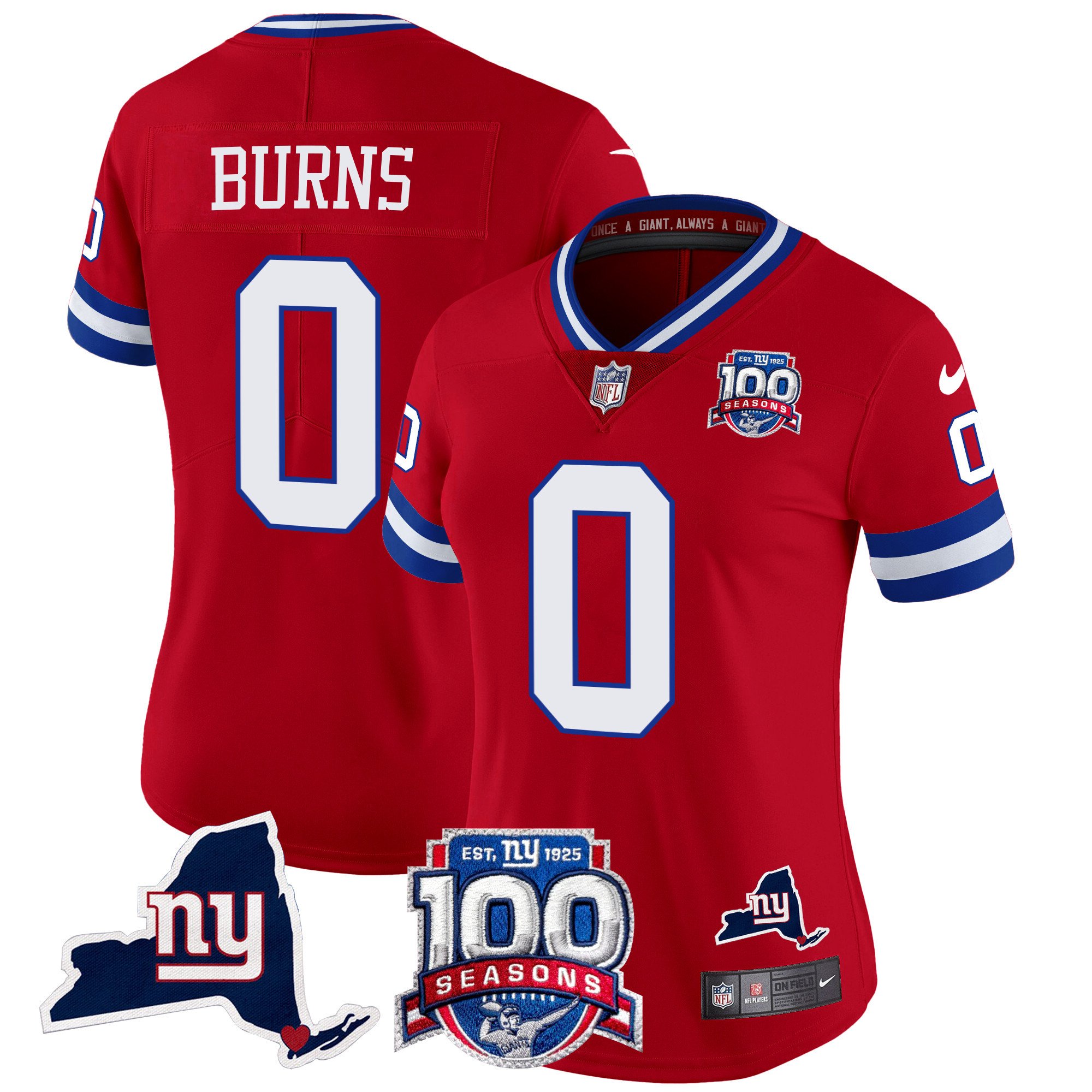 Women's Brian Burns New York Giants 100th Season & State Patch Vapor Limited Red Jersey - All Stitched