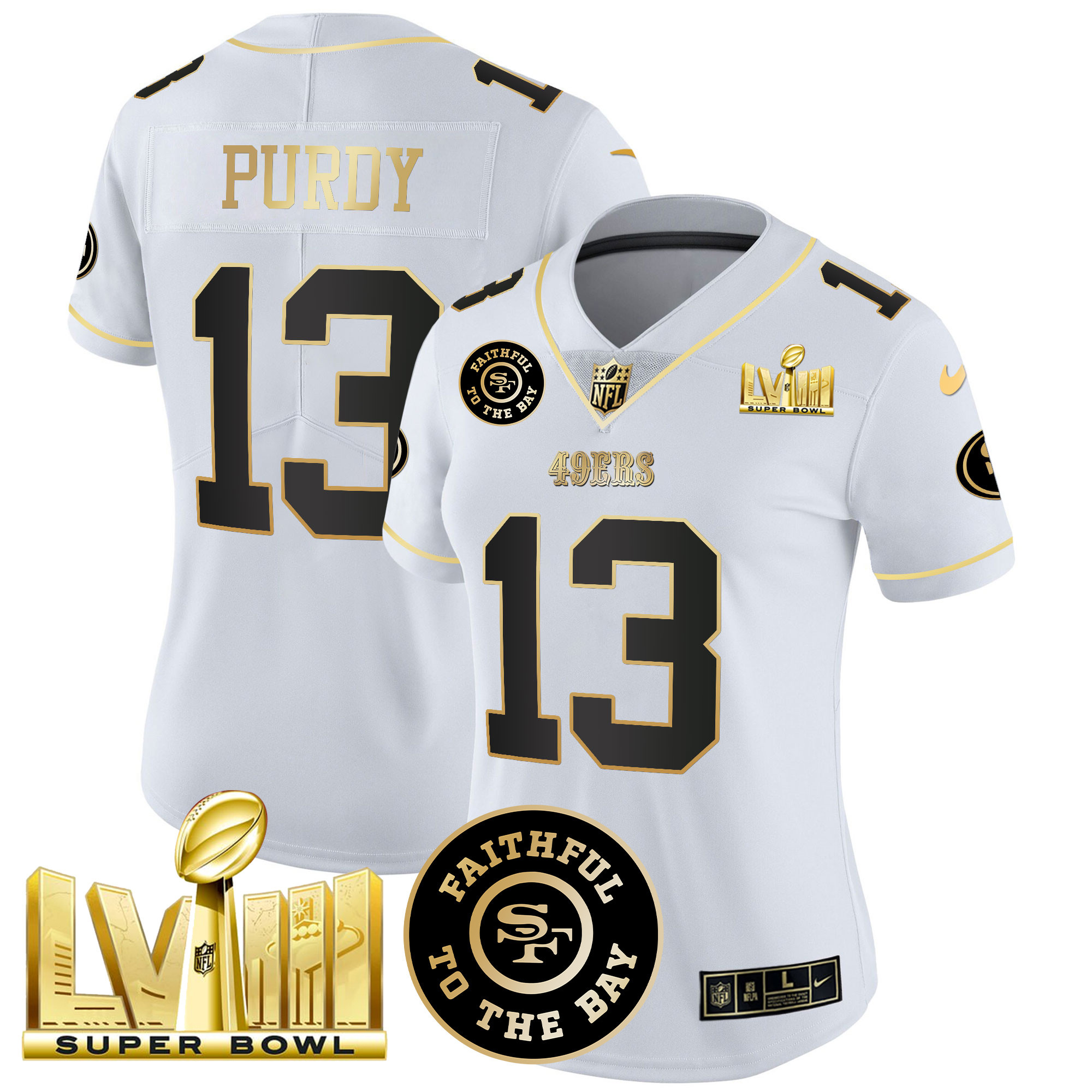 Women's Brock Purdy San Francisco 49ers Faithful & Super Bowl LVIII Gold Patch Vapor White Gold Jersey V2 - All Stitched