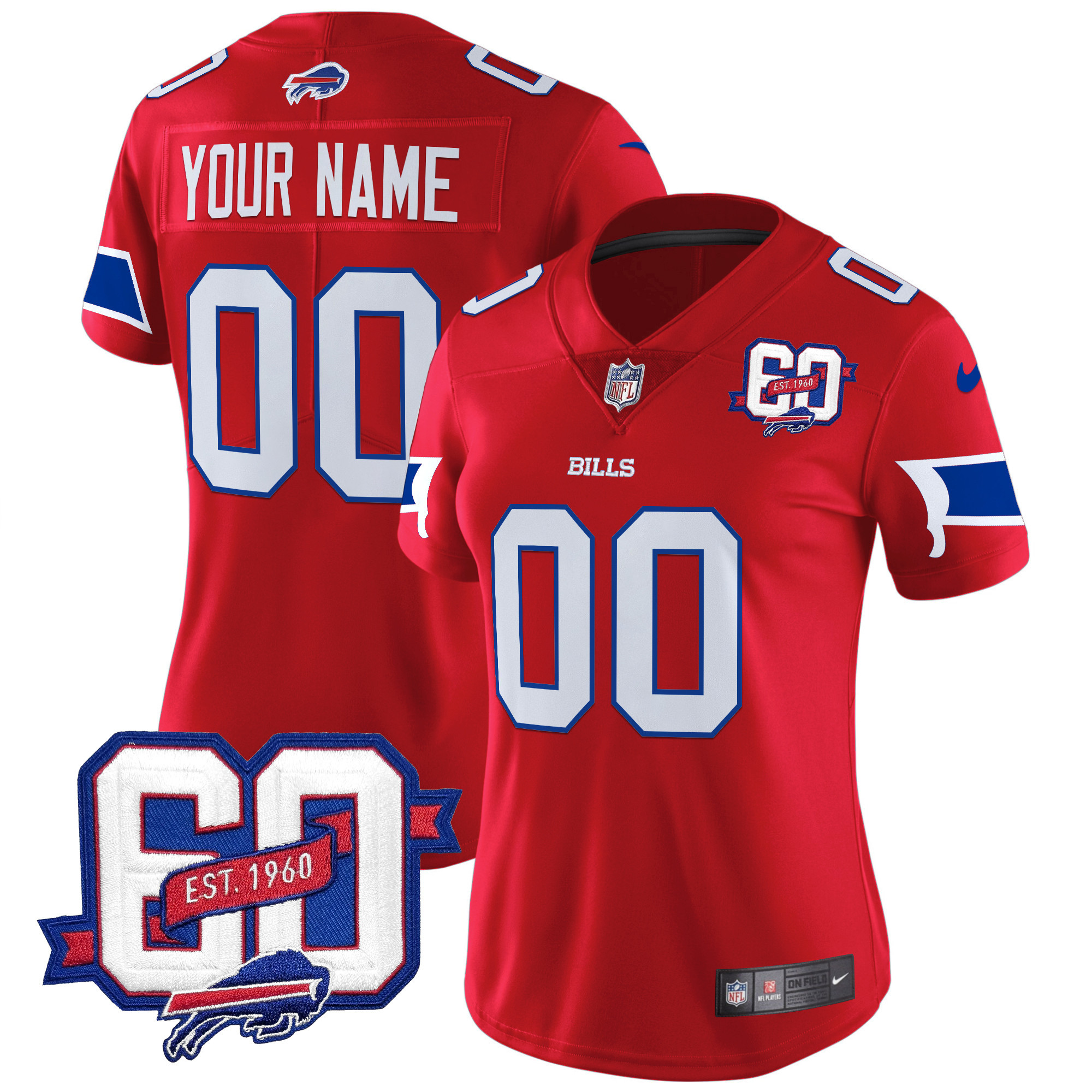 Women's Buffalo Bills 60th Anniversary Patch Vapor Limited Custom Red Jersey - All Stitched