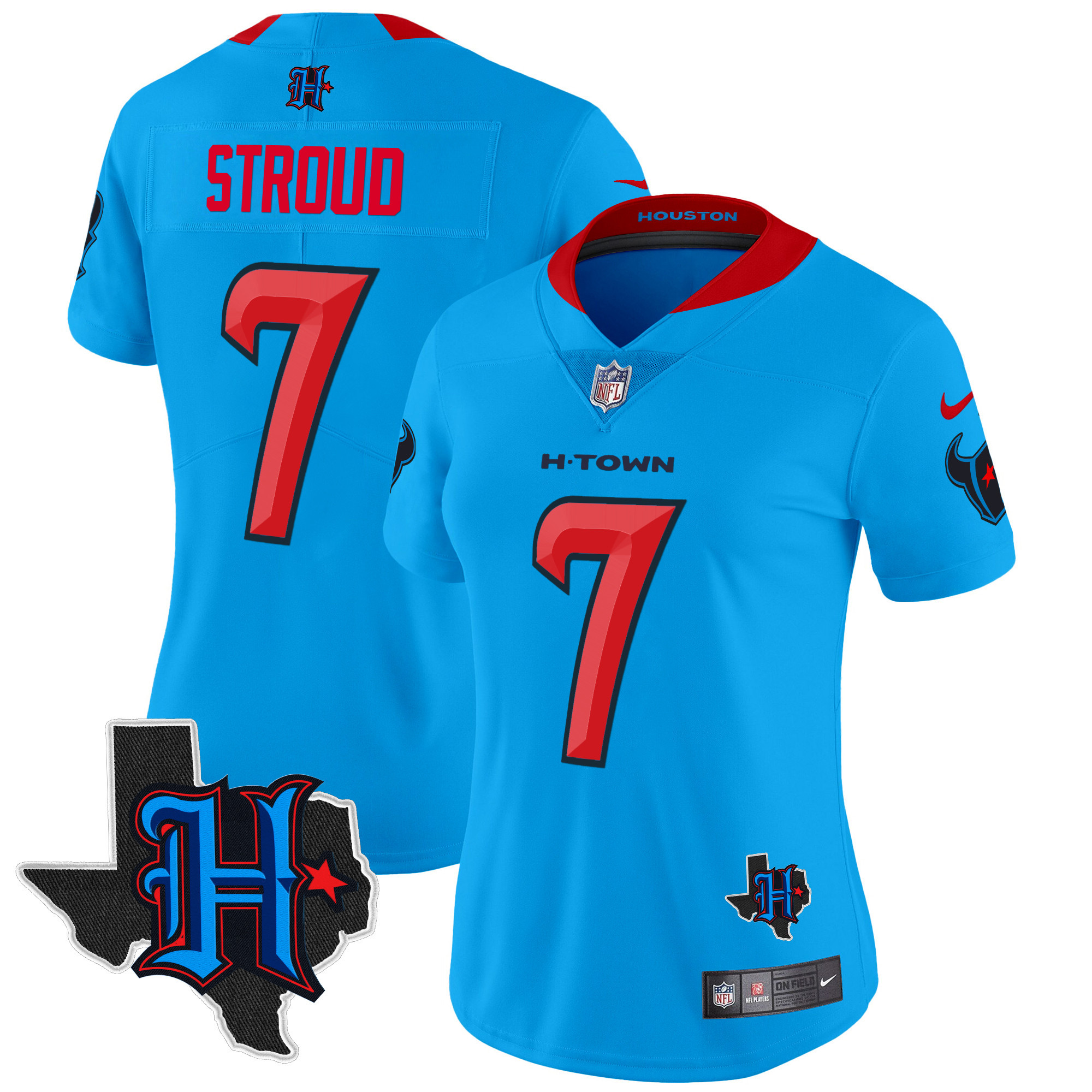 Women's C.J. Stroud Houston Texans 2024 Texas Patch Vapor Limited Blue Jersey V2 - All Stitched
