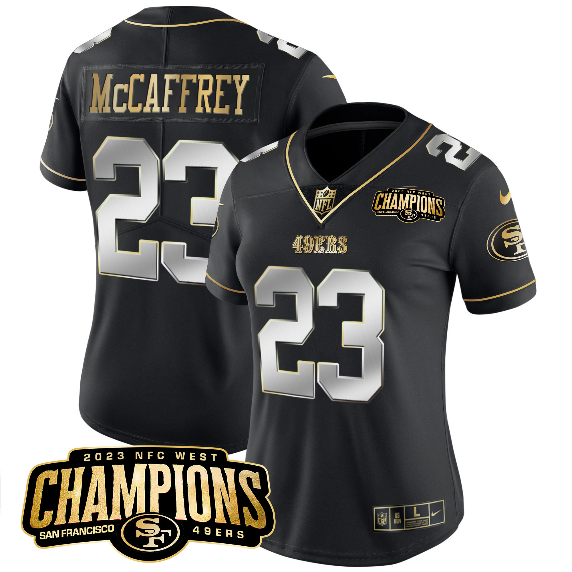 Women's Christian McCaffrey San Francisco 49ers 2023 NFC West Champions Patch Vapor Black Limited Jersey V2 - All Stitched