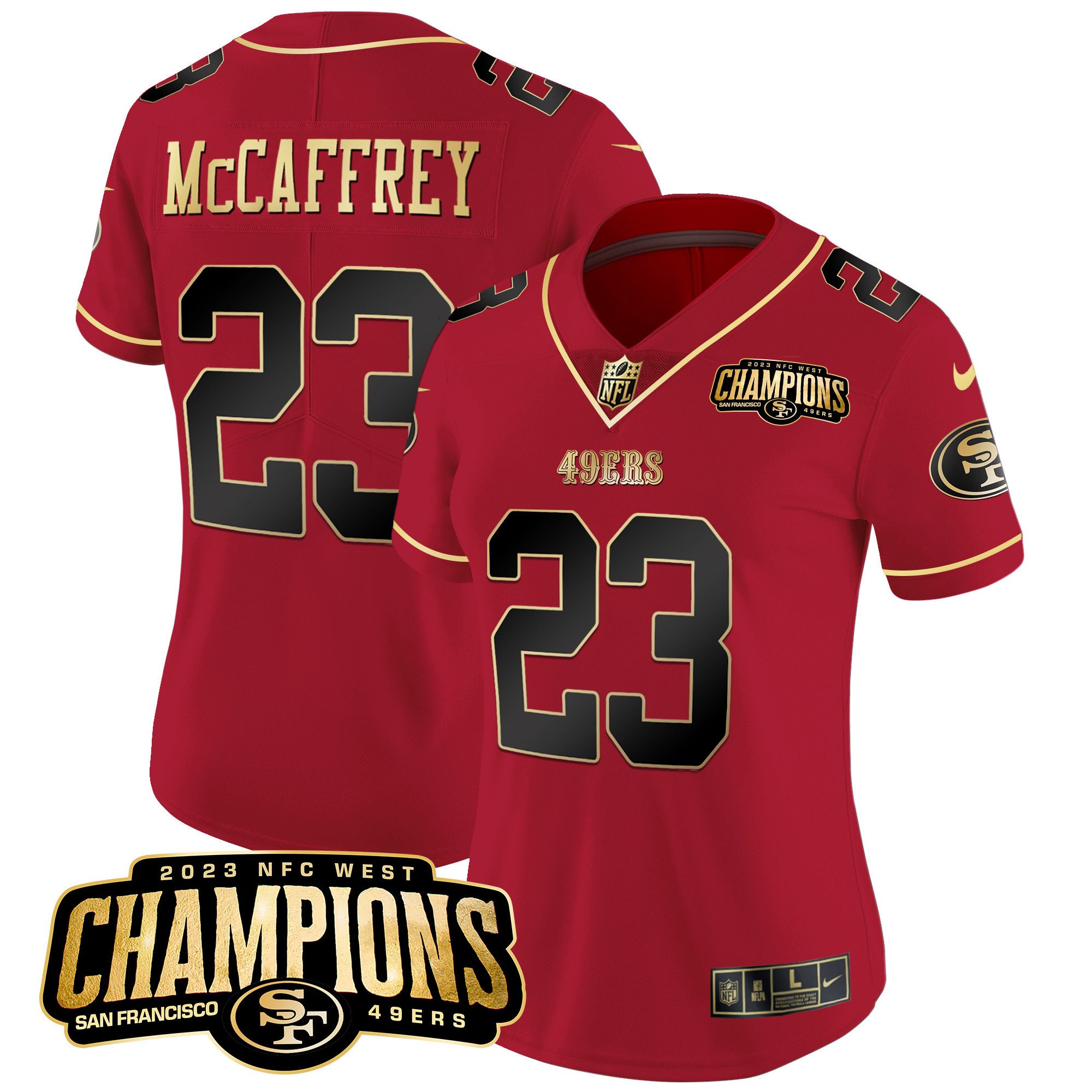Women's Christian McCaffrey San Francisco 49ers 2023 NFC West Champions Patch Vapor Scarlet Limited Jersey V2 - All Stitched