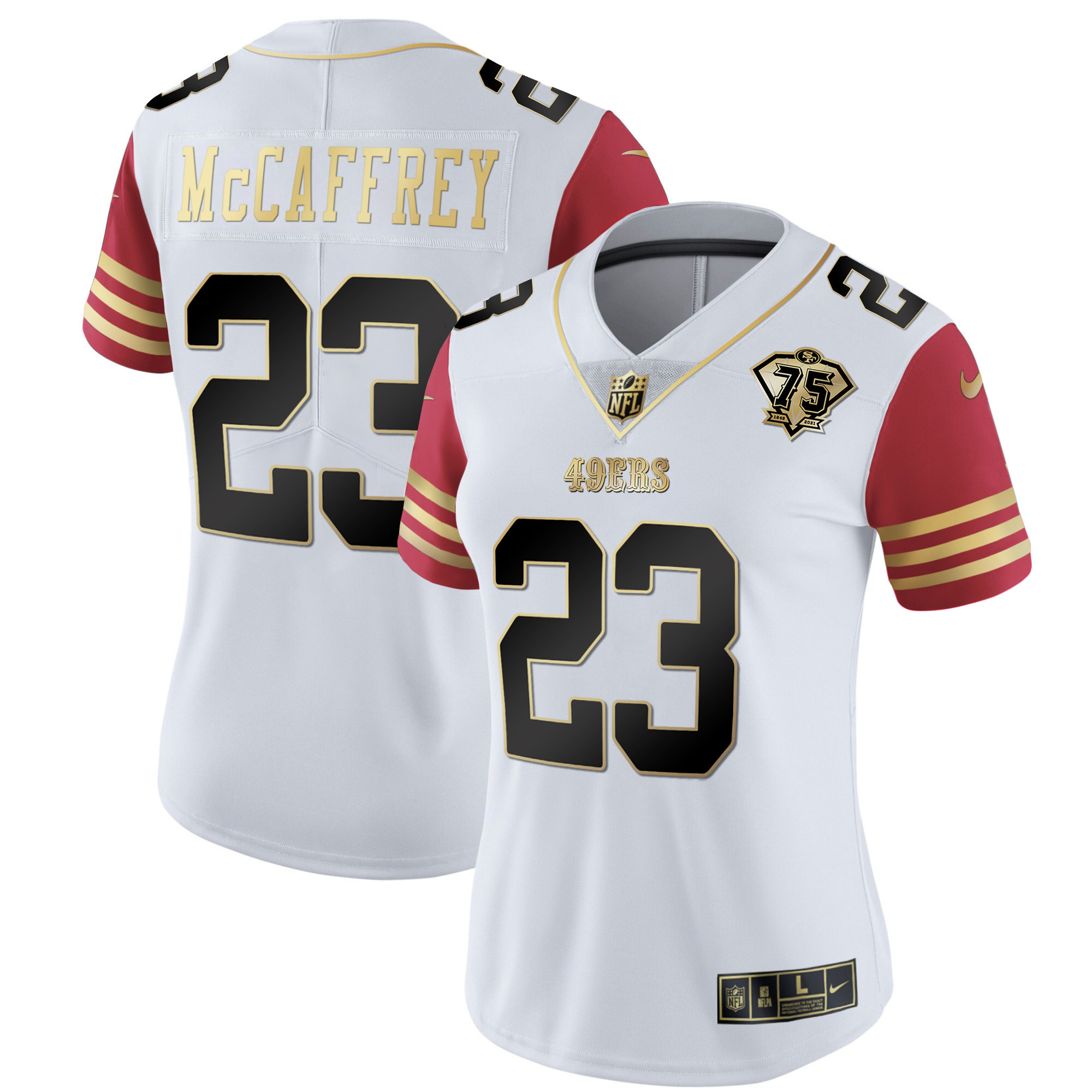 Women's Christian McCaffrey San Francisco 49ers 2023 Vapor Gold Limited Scarlet Sleeves Jersey - All Stitched