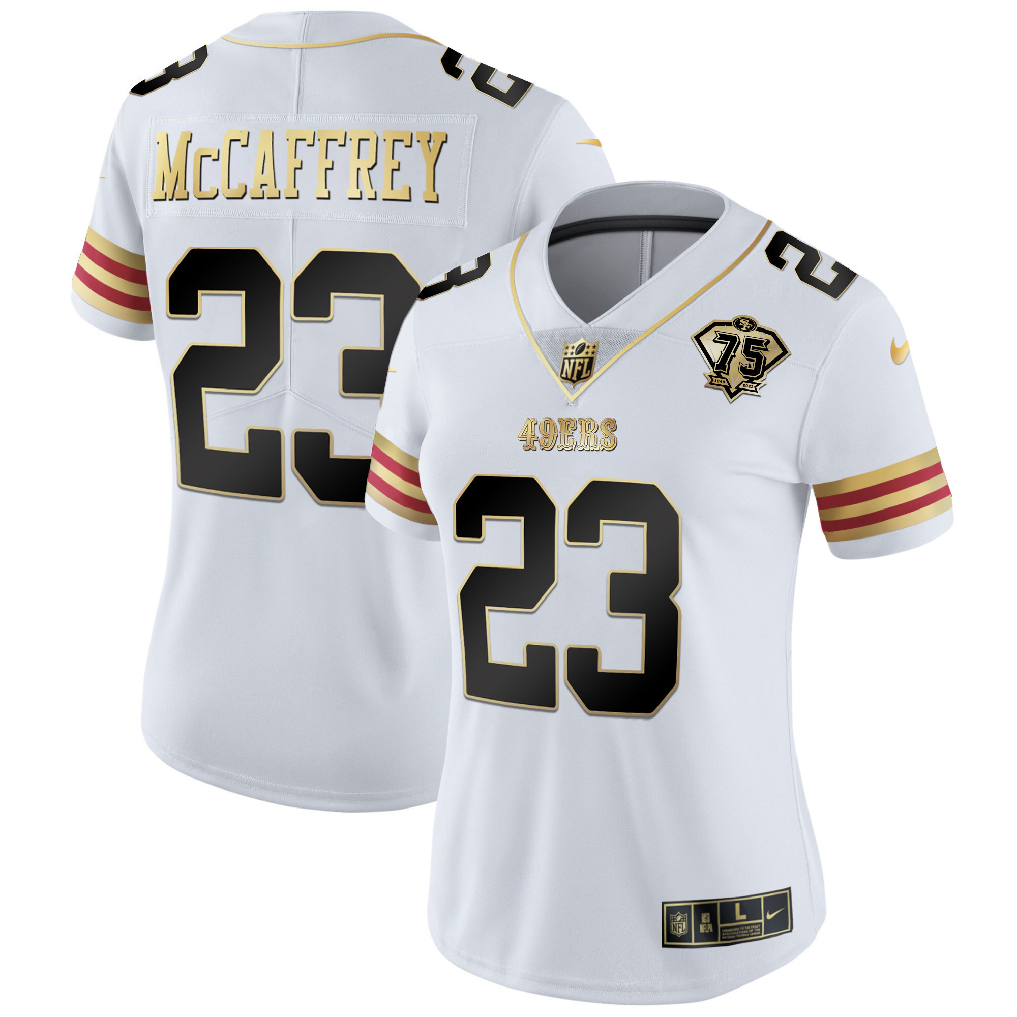 Women's Christian McCaffrey San Francisco 49ers 75th Anniversary Patch Vapor Gold White Gold Jersey V2 - All Stitched