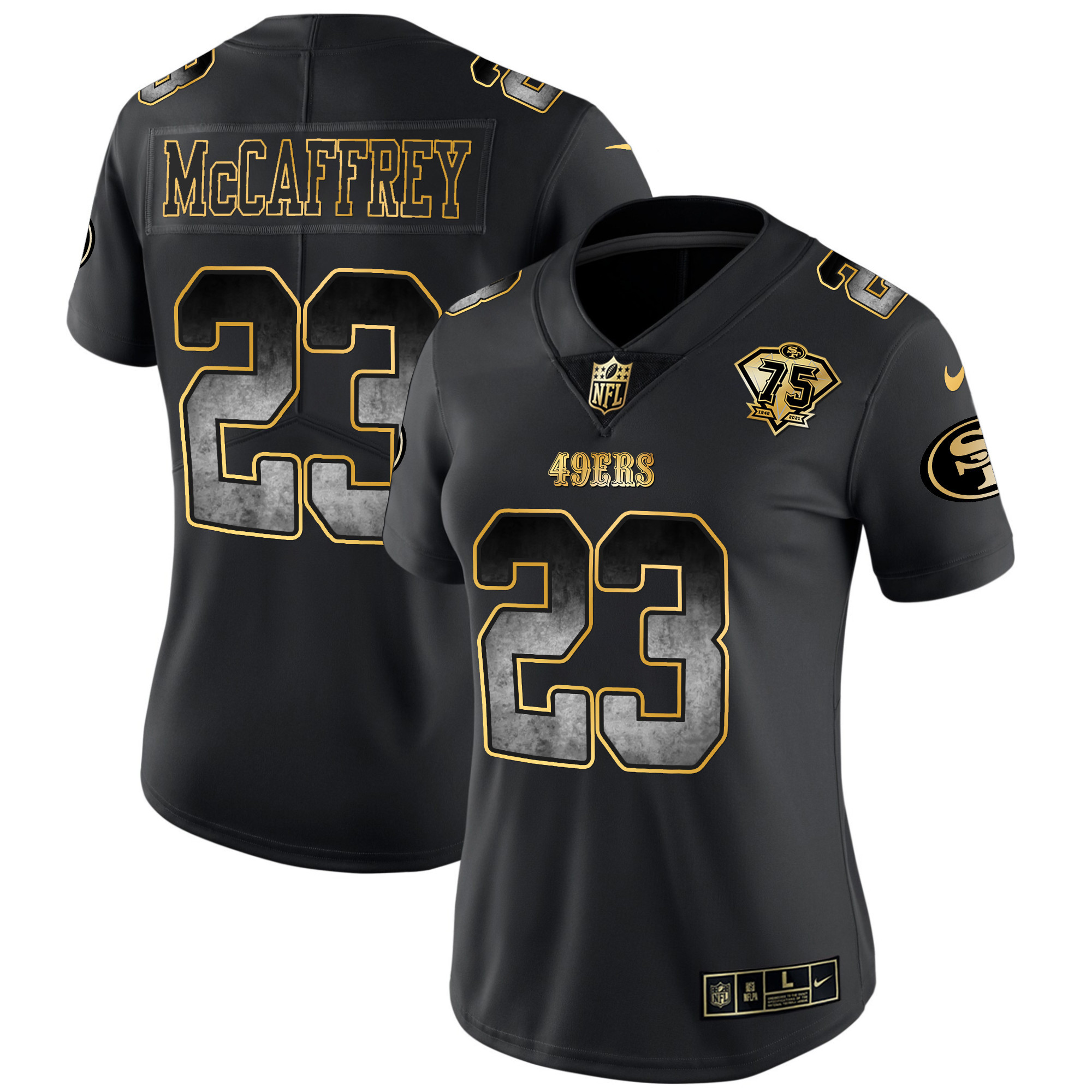 Women's Christian McCaffrey San Francisco 49ers Arch Smoke Vapor Black Gold Jersey - All Stitched