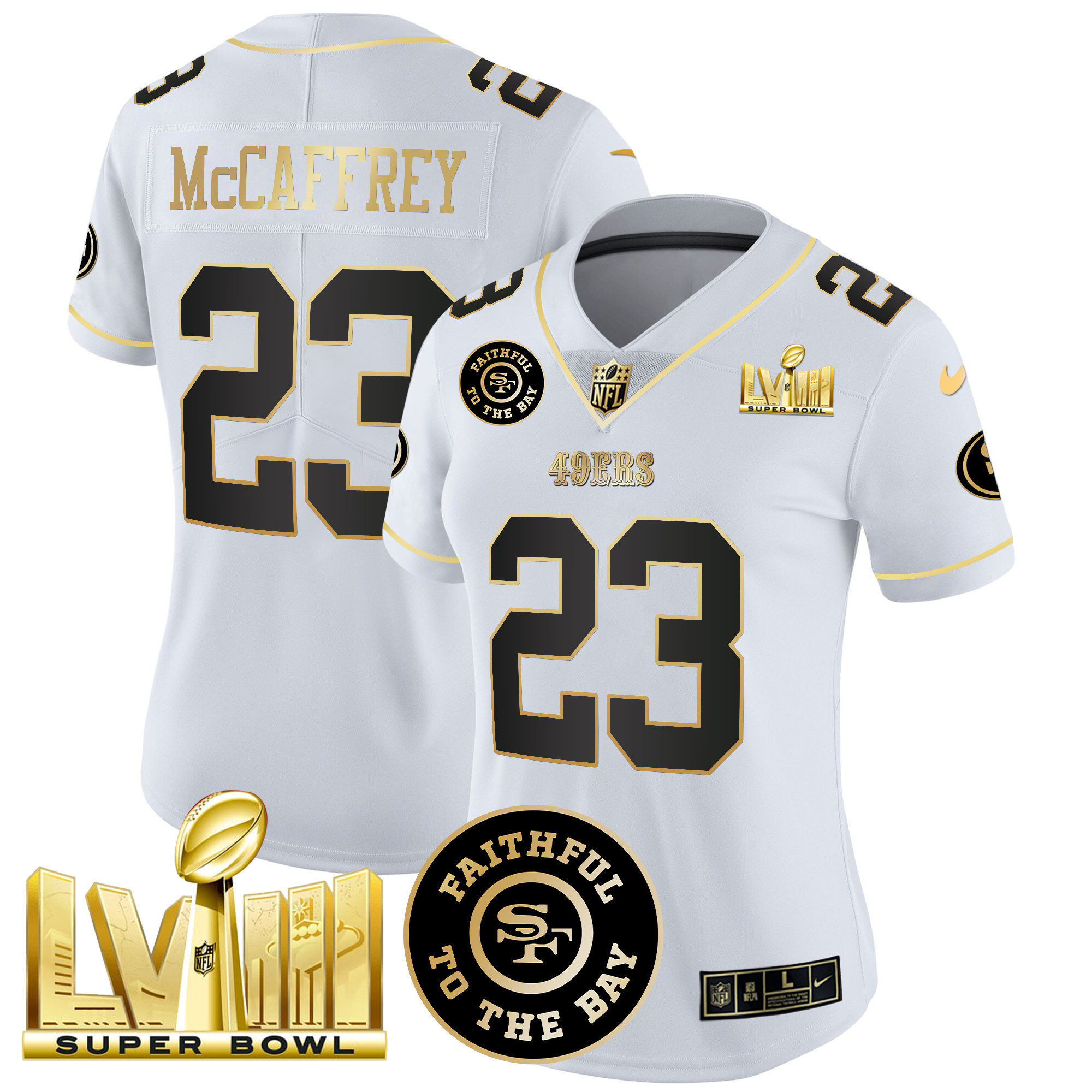 Women's Christian McCaffrey San Francisco 49ers Faithful & Super Bowl LVIII Gold Patch Vapor White Gold Jersey V2 - All Stitched