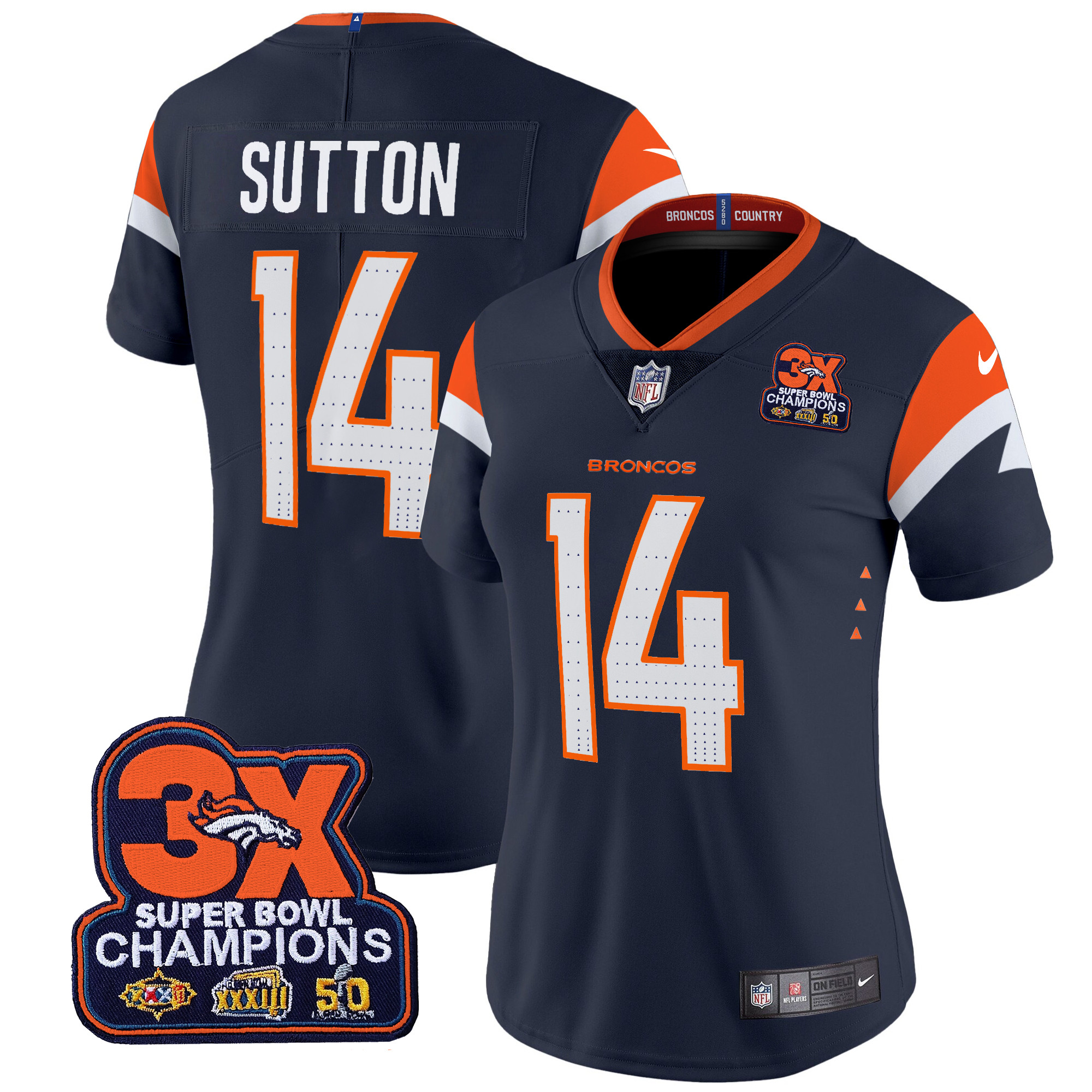 Women's Courtland Sutton Denver Broncos 3-Time Champions Patch Vapor Limited Navy Jersey - All Stitched