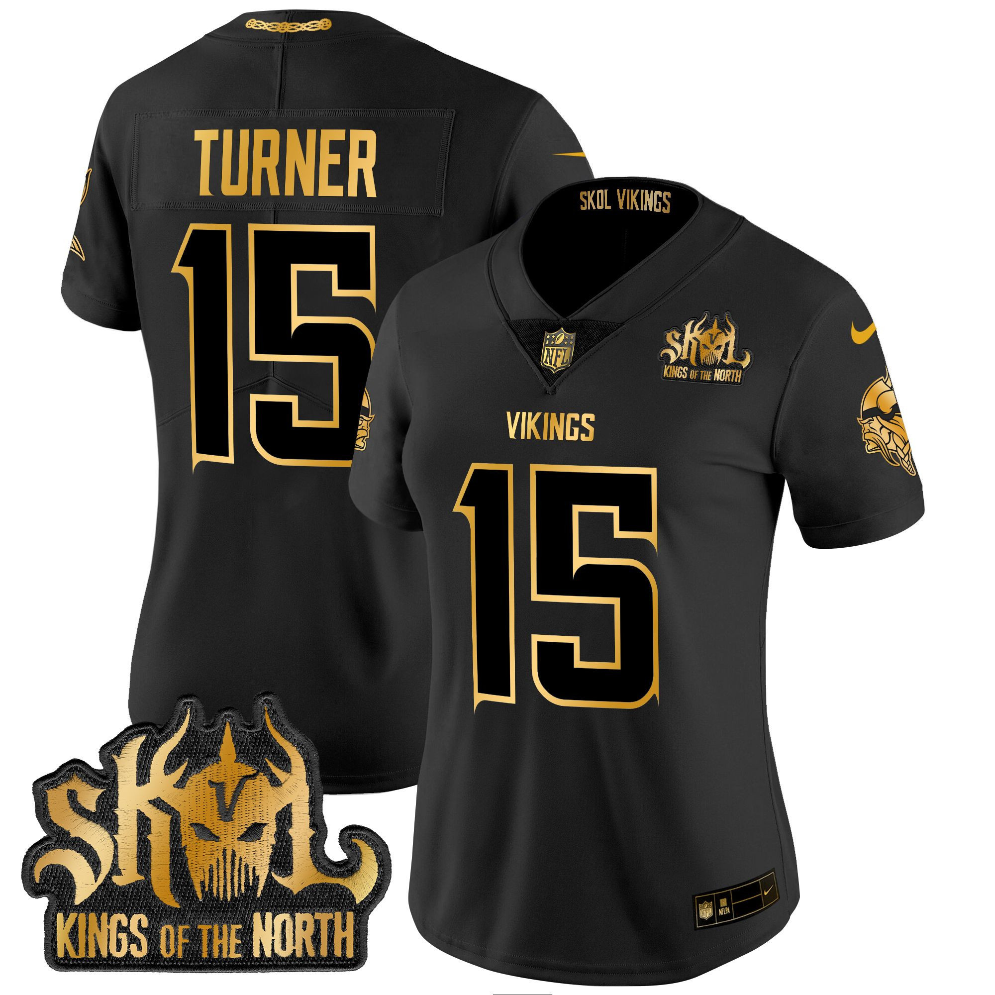 Women's Dallas Turner Minnesota Vikings 2024 Winter Warrior Skol Patch Gold Vapor Limited Black Gold Jersey - All Stitched