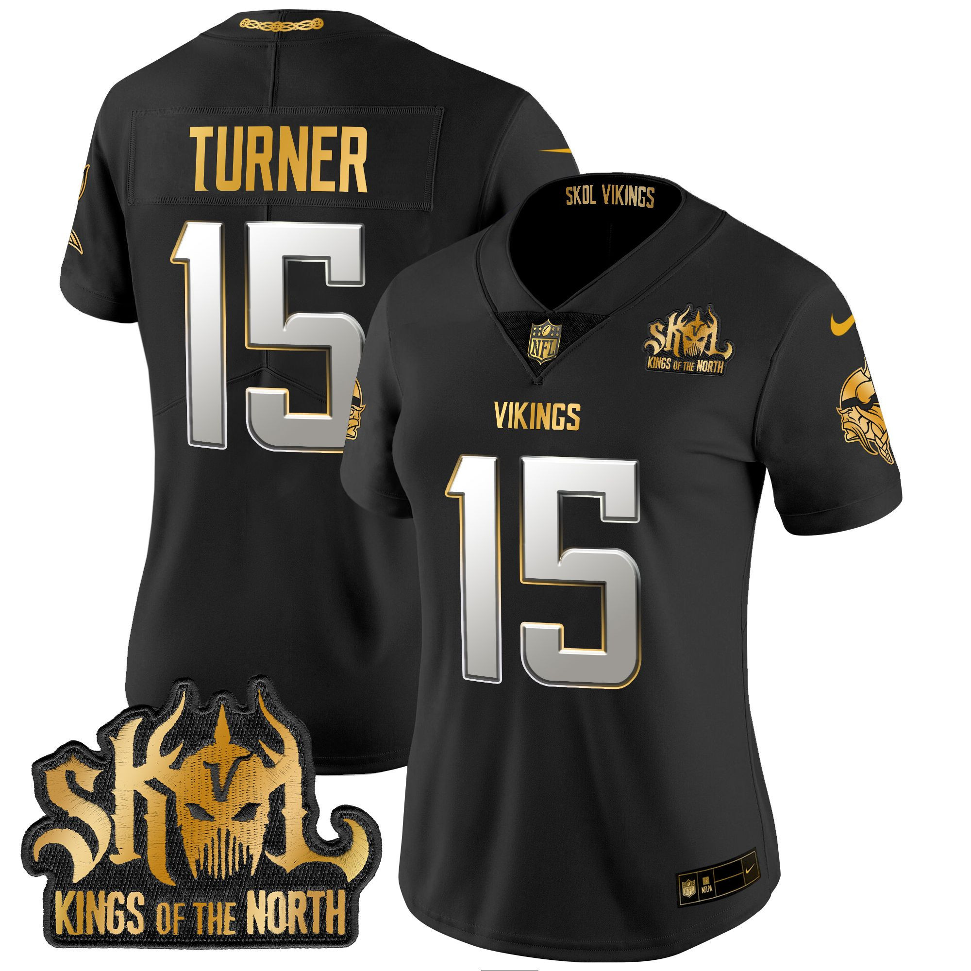 Women's Dallas Turner Minnesota Vikings 2024 Winter Warrior Skol Patch Gold Vapor Limited Black Limited Jersey - All Stitched