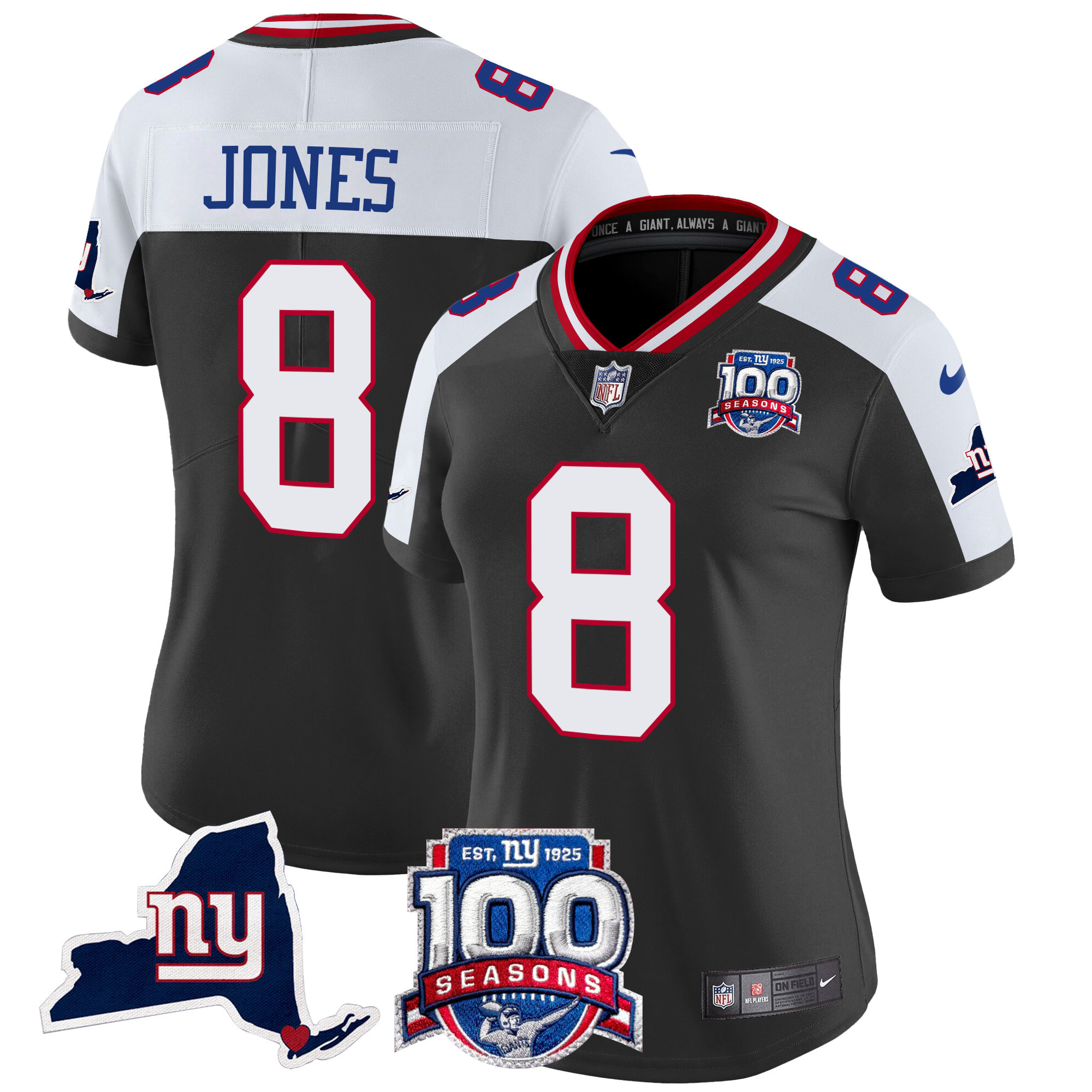 Women's Daniel Jones New York Giants 100th Season & State Patch Vapor Limited Black Alternate Jersey - All Stitched
