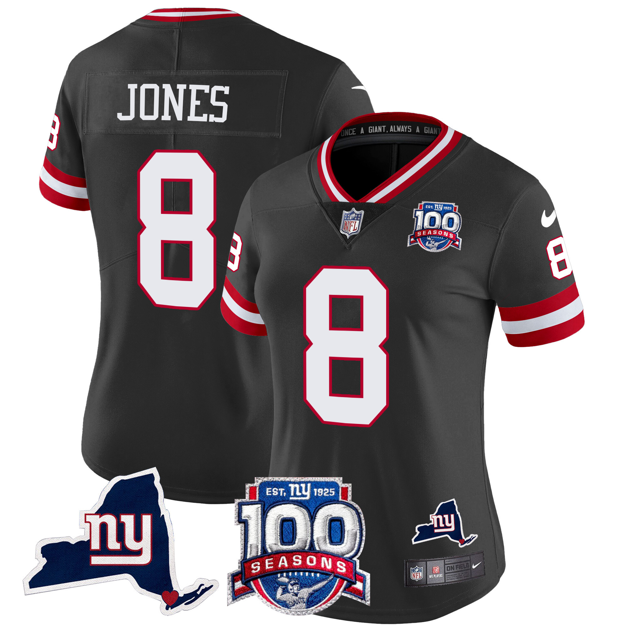 Women's Daniel Jones New York Giants 100th Season & State Patch Vapor Limited Black Jersey - All Stitched
