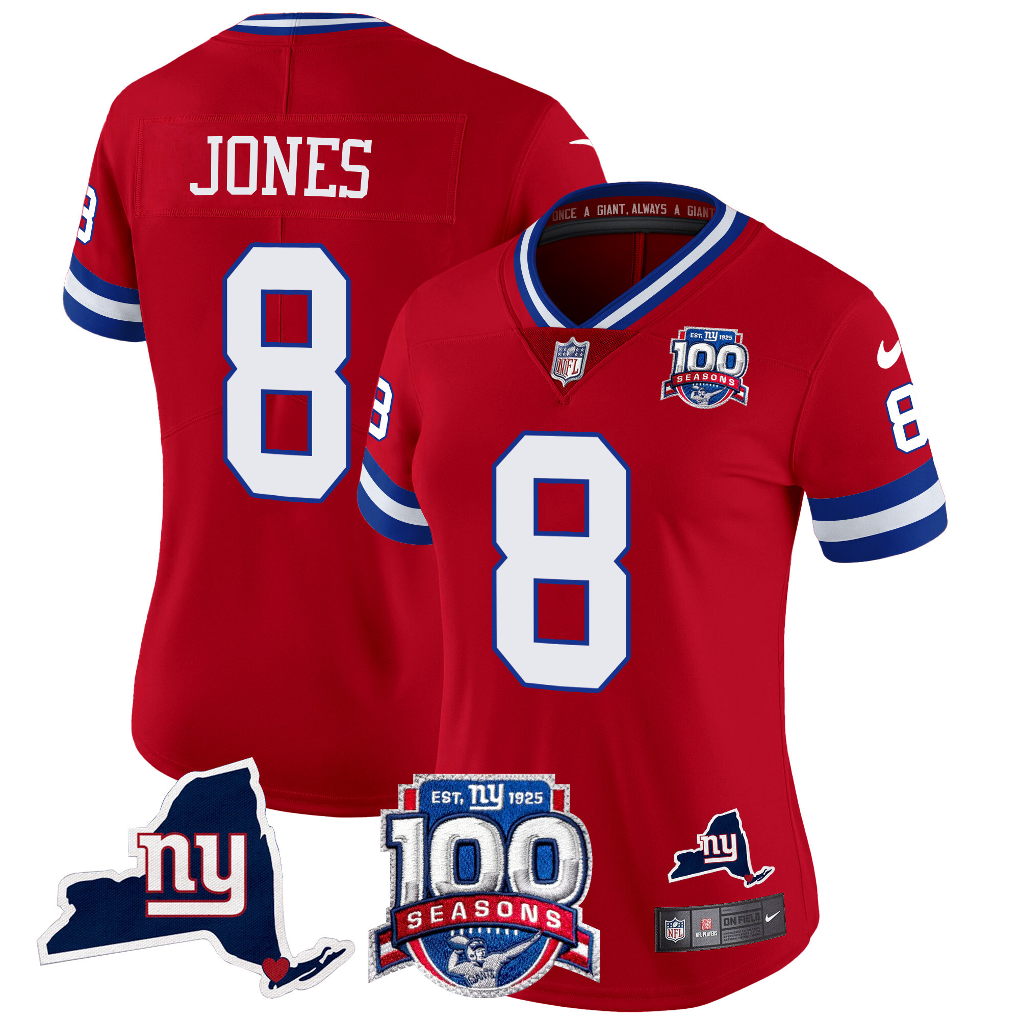 Women's Daniel Jones New York Giants 100th Season & State Patch Vapor Limited Red Jersey - All Stitched