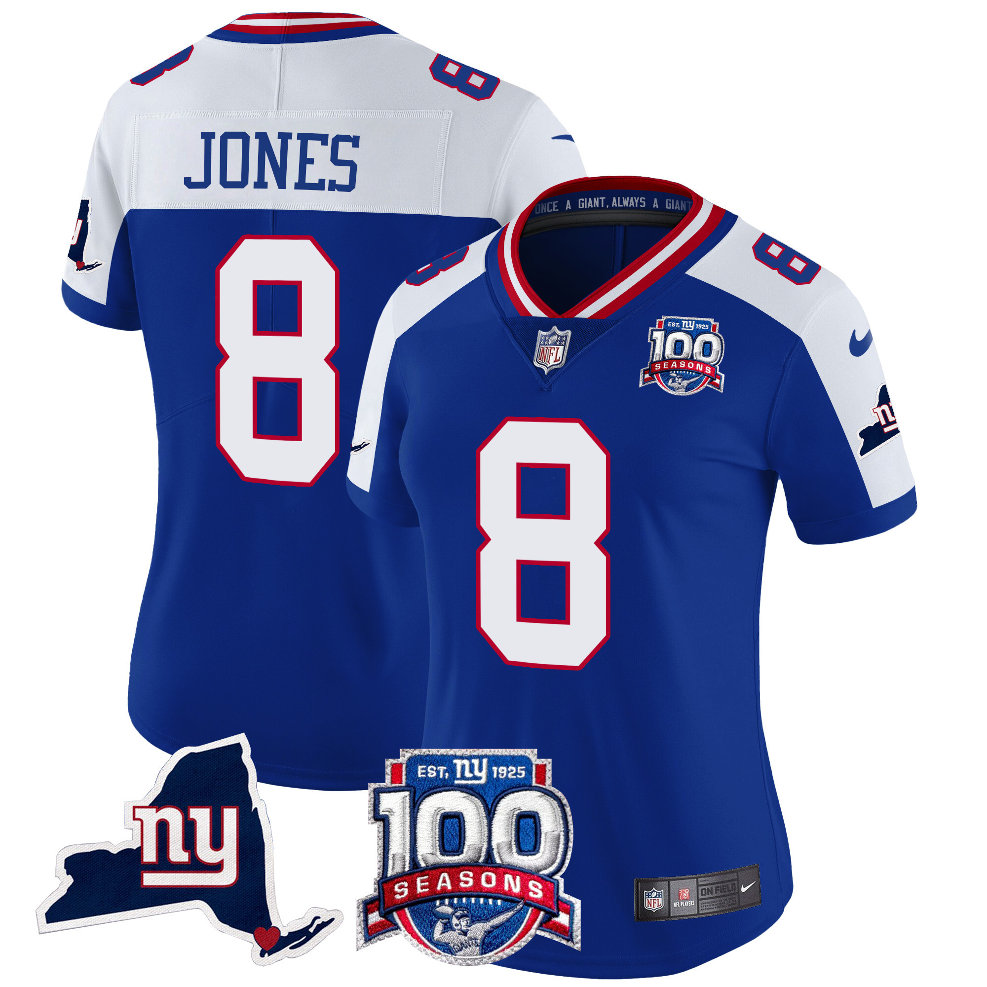 Women's Daniel Jones New York Giants 100th Season & State Patch Vapor Limited Royal Alternate Jersey - All Stitched