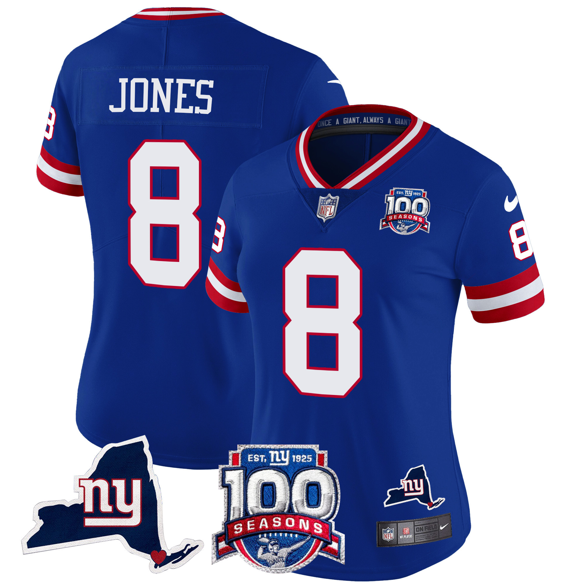 Women's Daniel Jones New York Giants 100th Season & State Patch Vapor Limited Royal Jersey - All Stitched