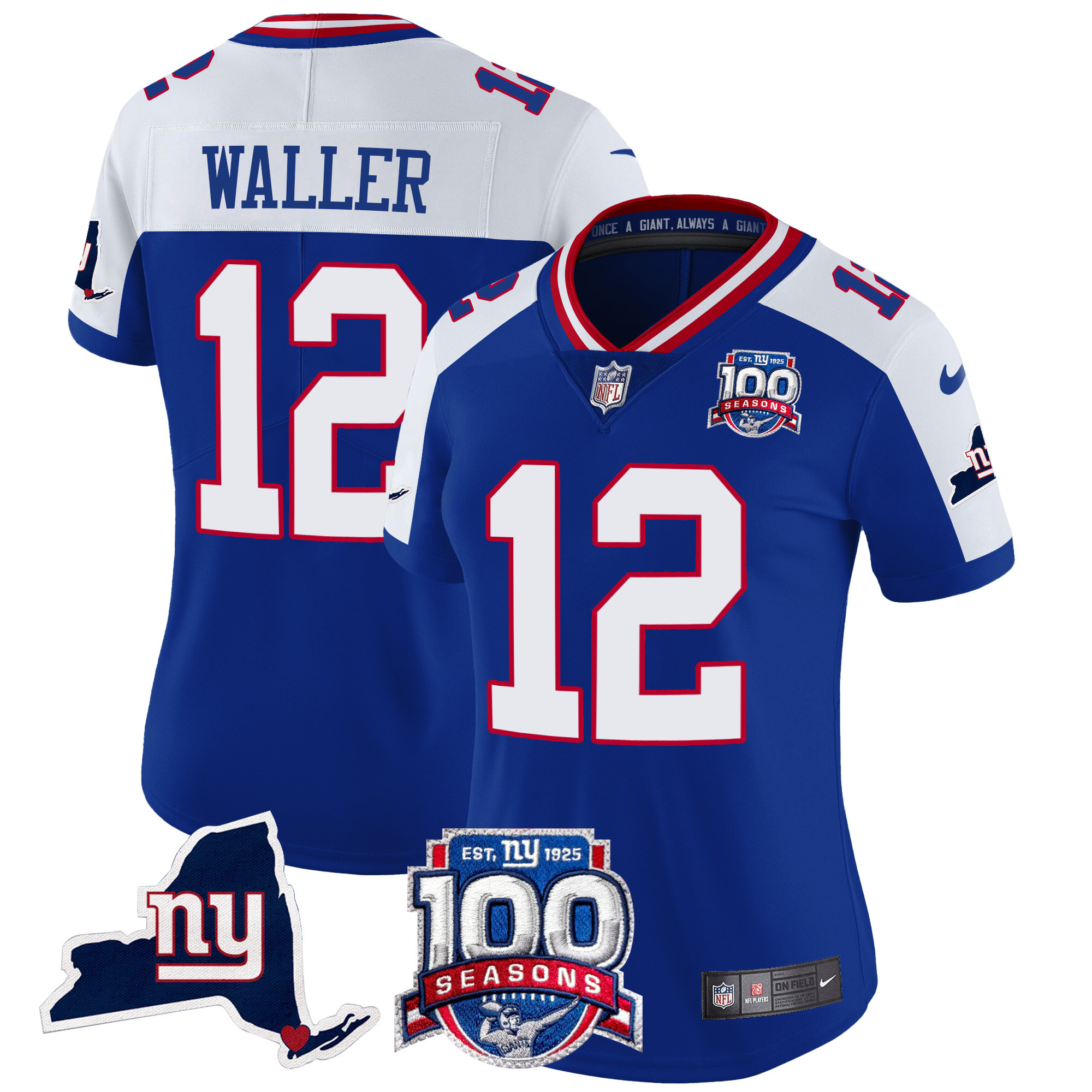 Women's Darren Waller New York Giants 100th Season & State Patch Vapor Limited Royal Alternate Jersey - All Stitched