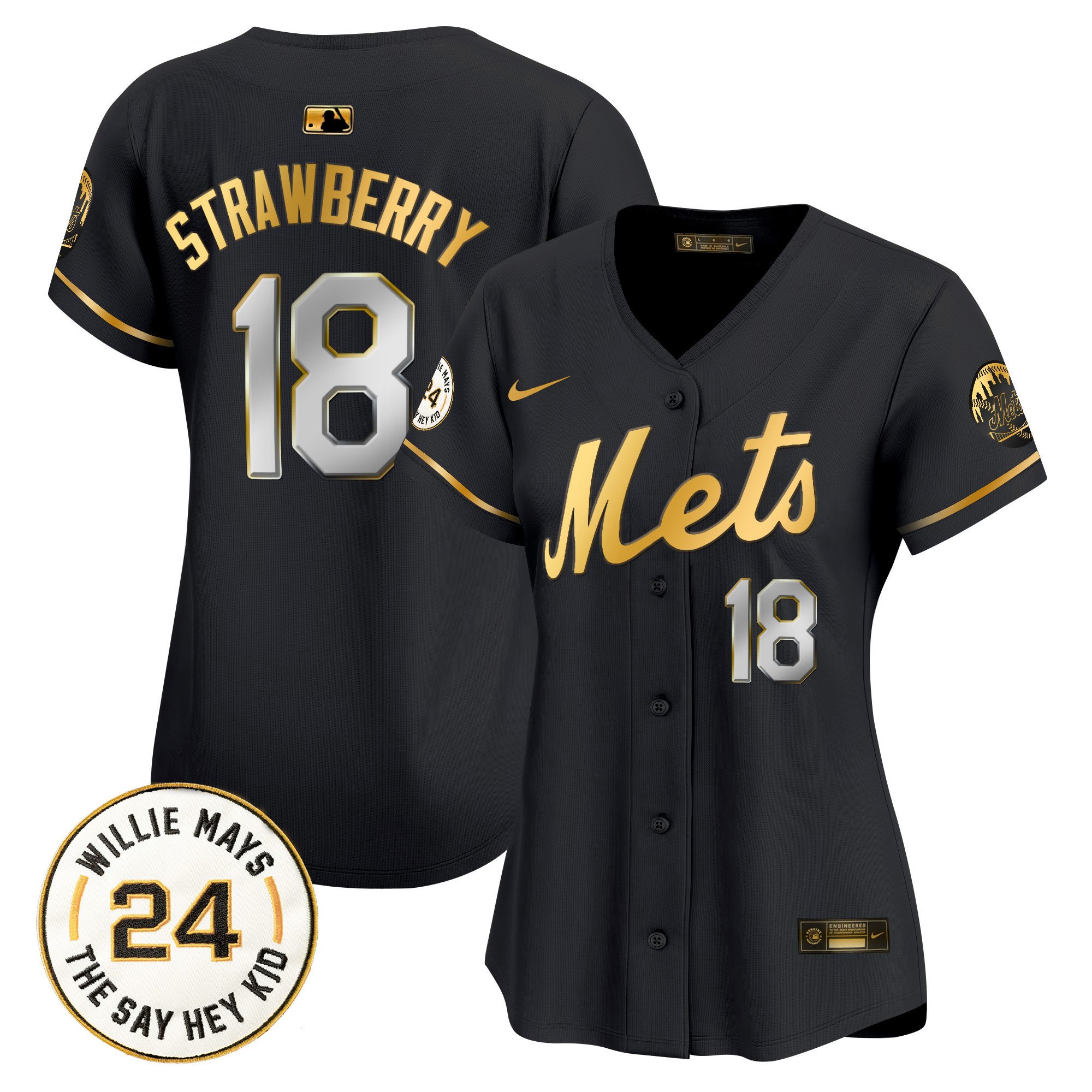 Women's Darryl Strawberry New York Mets Willie Mays Patch Vapor Premier Limited Black Gold Jersey - All Stitched