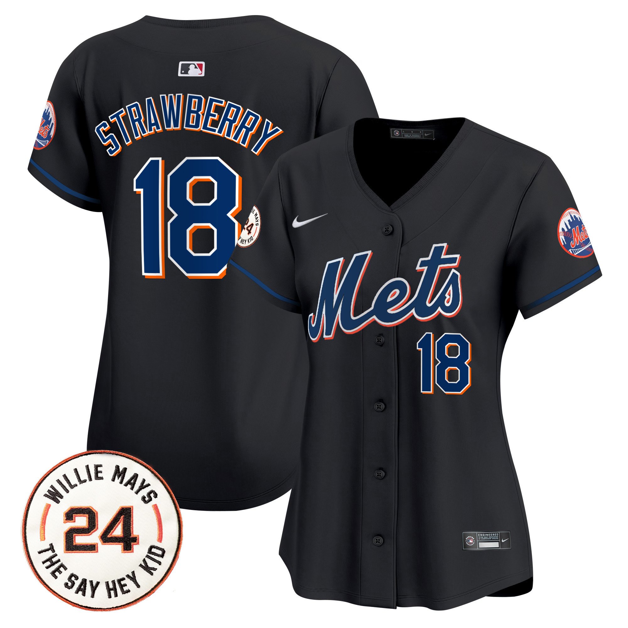 Women's Darryl Strawberry New York Mets Willie Mays Patch Vapor Premier Limited Black Jersey - All Stitched