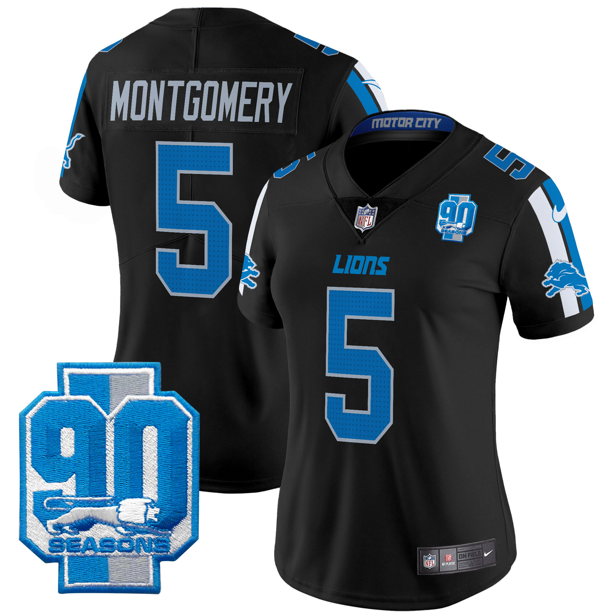 Women's David Montgomery Detroit Lions 90th Year Patch Vapor Limited Black Jersey - All Stitched