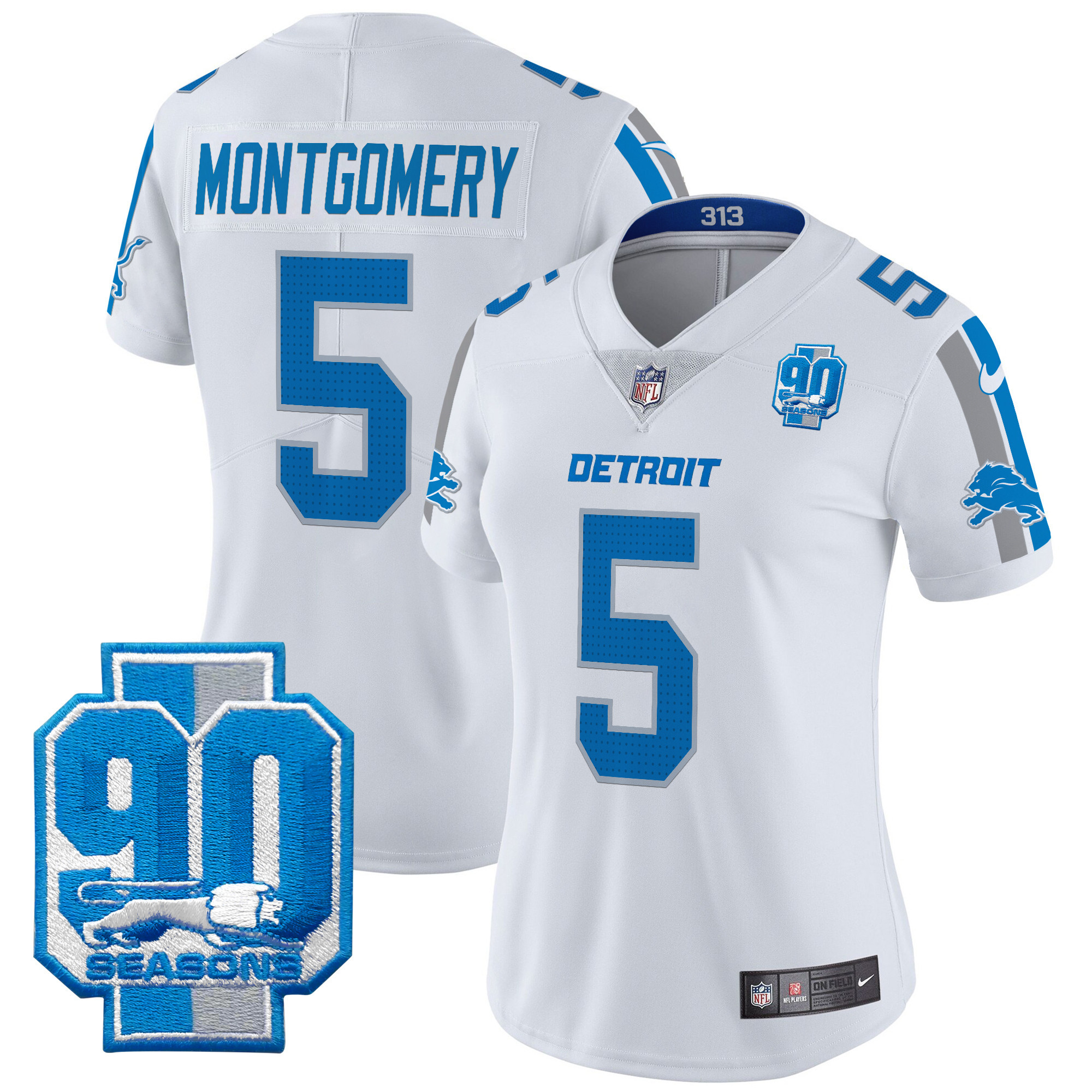 Women's David Montgomery Detroit Lions 90th Year Patch Vapor Limited White Jersey - All Stitched