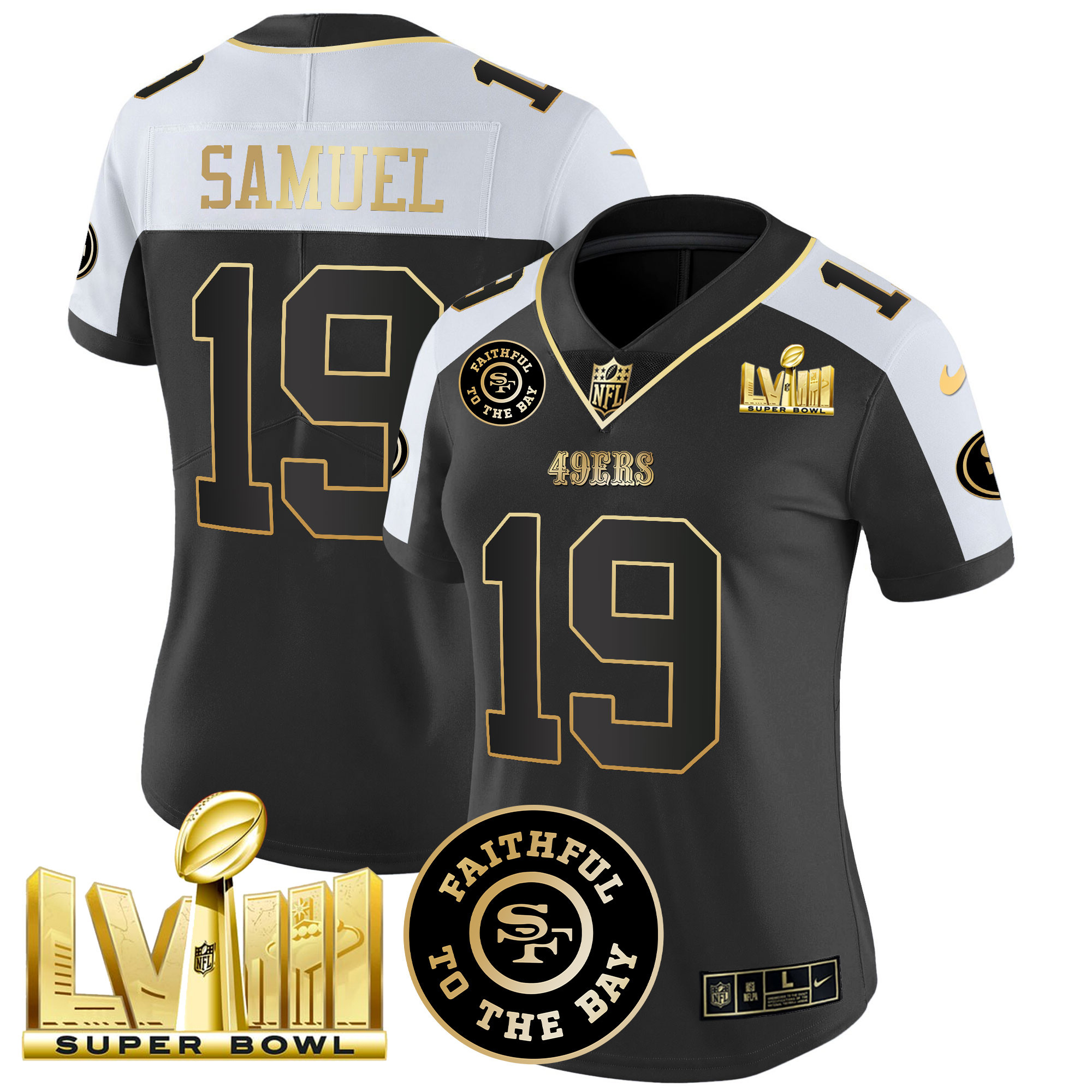 Women's Deebo Samuel San Francisco 49ers Faithful & Super Bowl LVIII Gold Patch Vapor Black Alternate Jersey V2 - All Stitched