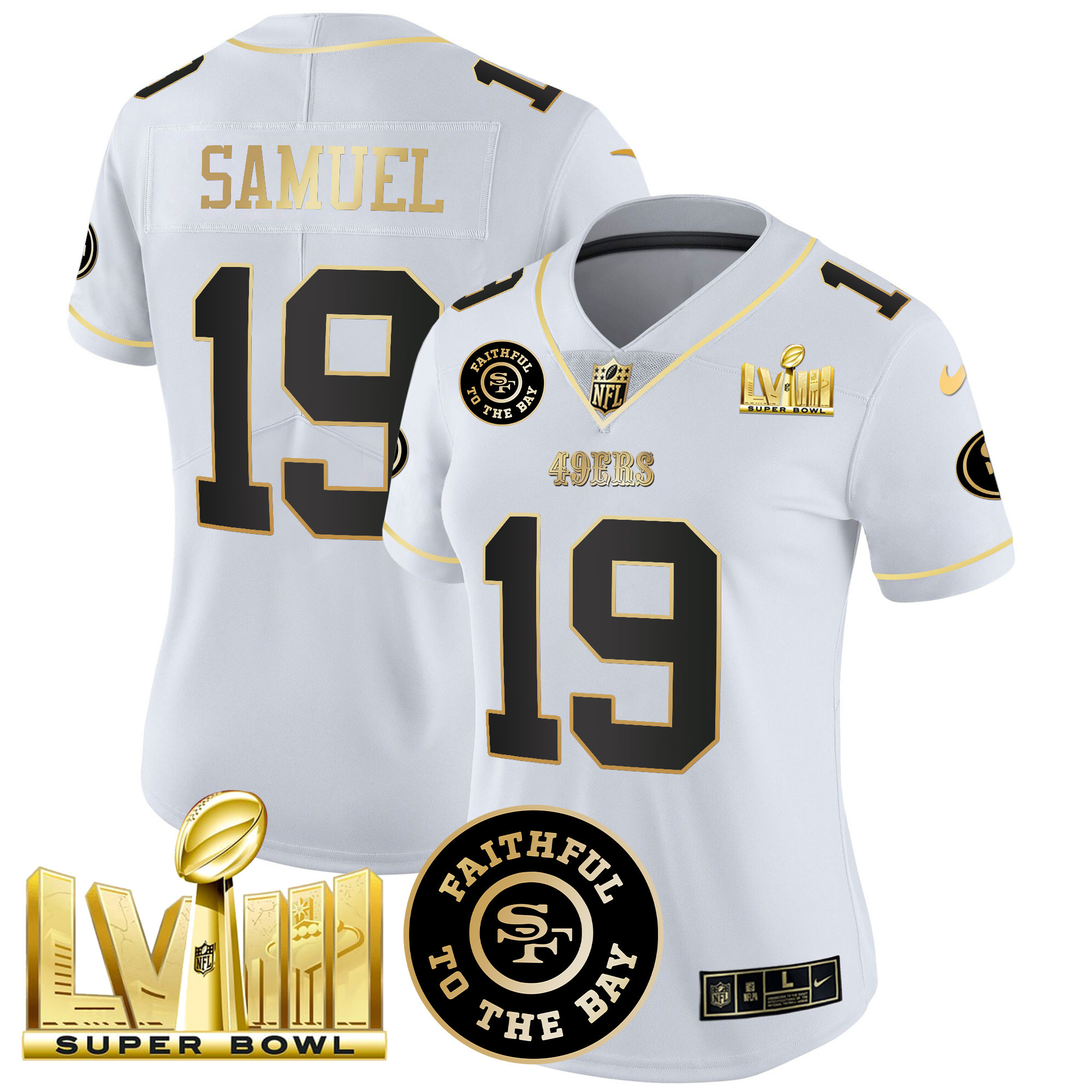 Women's Deebo Samuel San Francisco 49ers Faithful & Super Bowl LVIII Gold Patch Vapor White Gold Jersey V2 - All Stitched