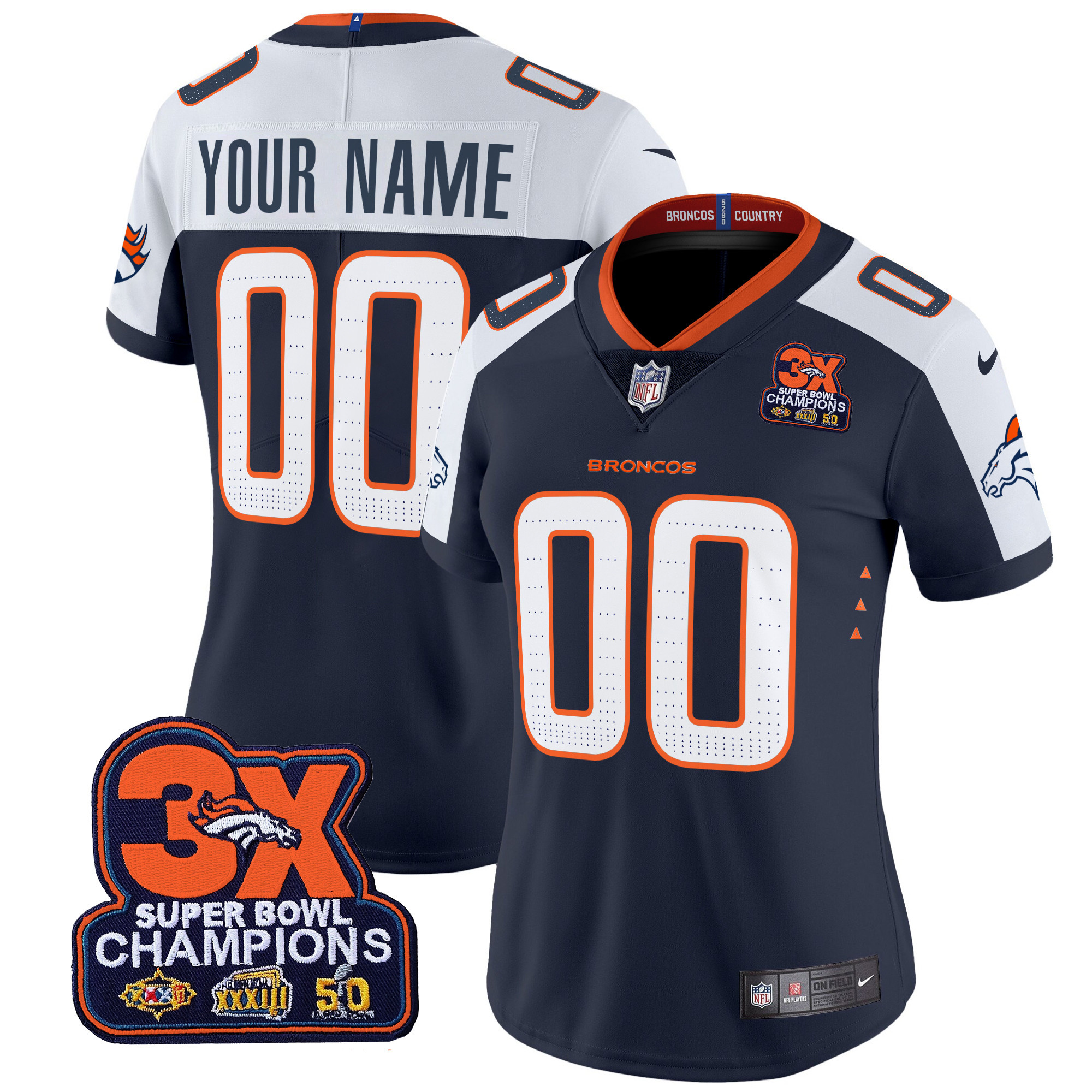Women's Denver Broncos 3-Time Champions Patch Vapor Limited Custom Navy Alternate Jersey - All Stitched