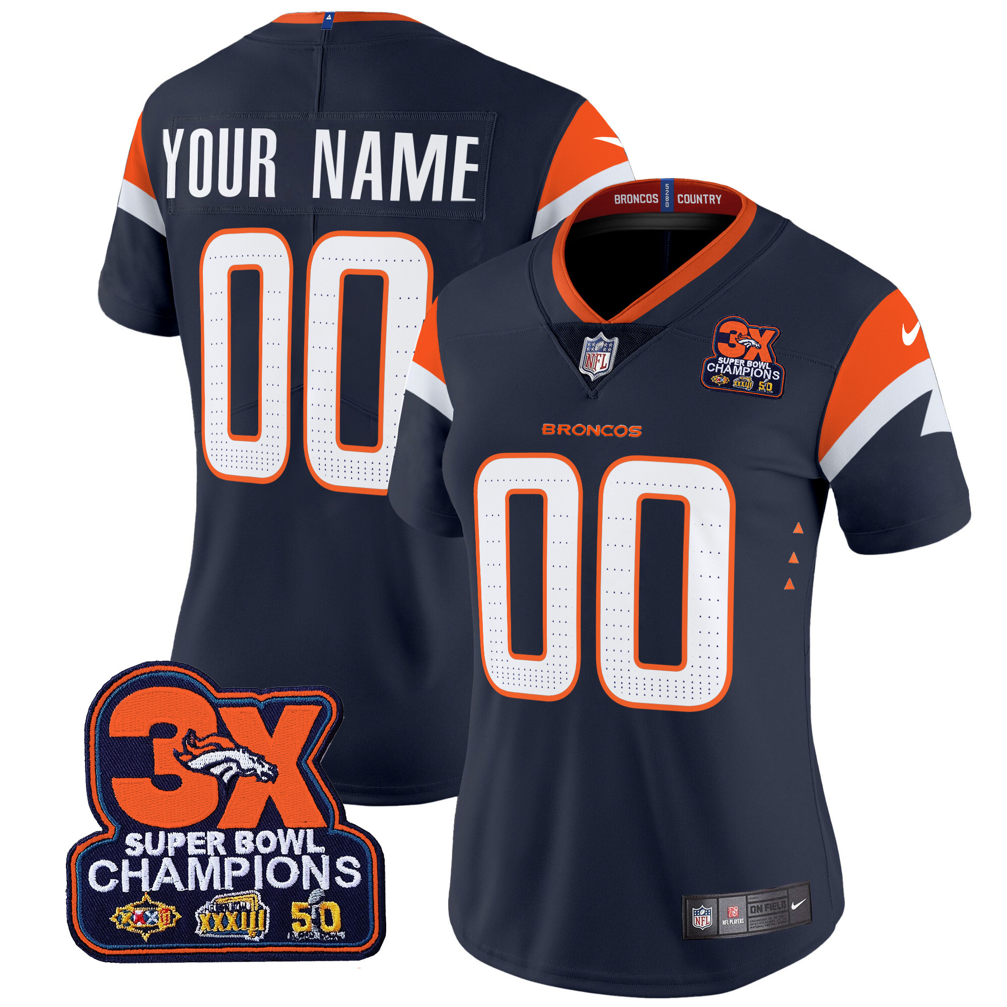 Women's Denver Broncos 3-Time Champions Patch Vapor Limited Custom Navy Jersey - All Stitched