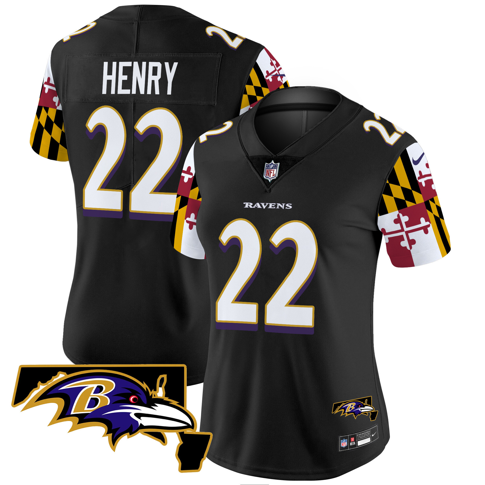 Women's Derrick Henry Baltimore Ravens Maryland Flag Vapor Limited Black Jersey V2 - All Stitched