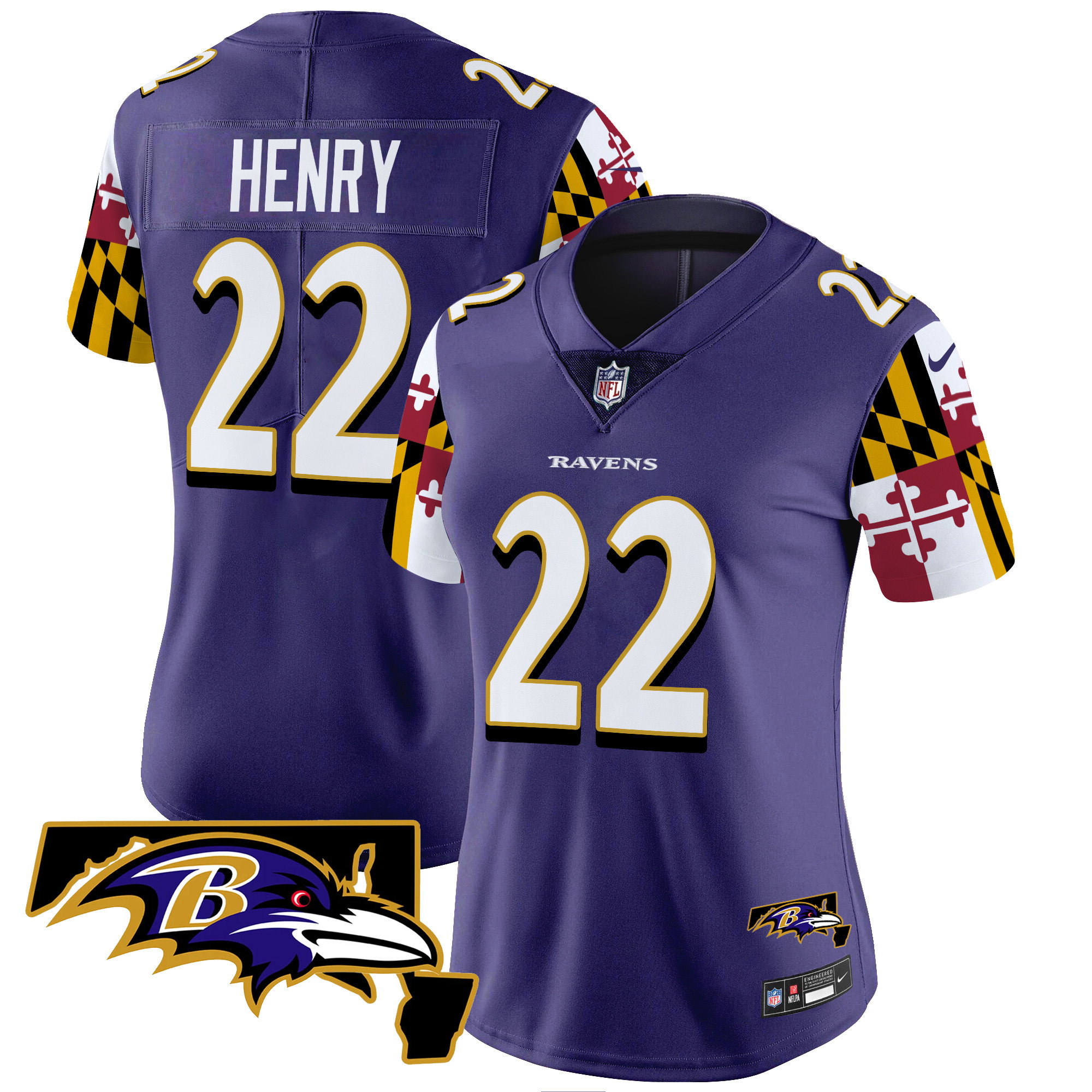 Women's Derrick Henry Baltimore Ravens Maryland Flag Vapor Limited Purple Jersey V2 - All Stitched