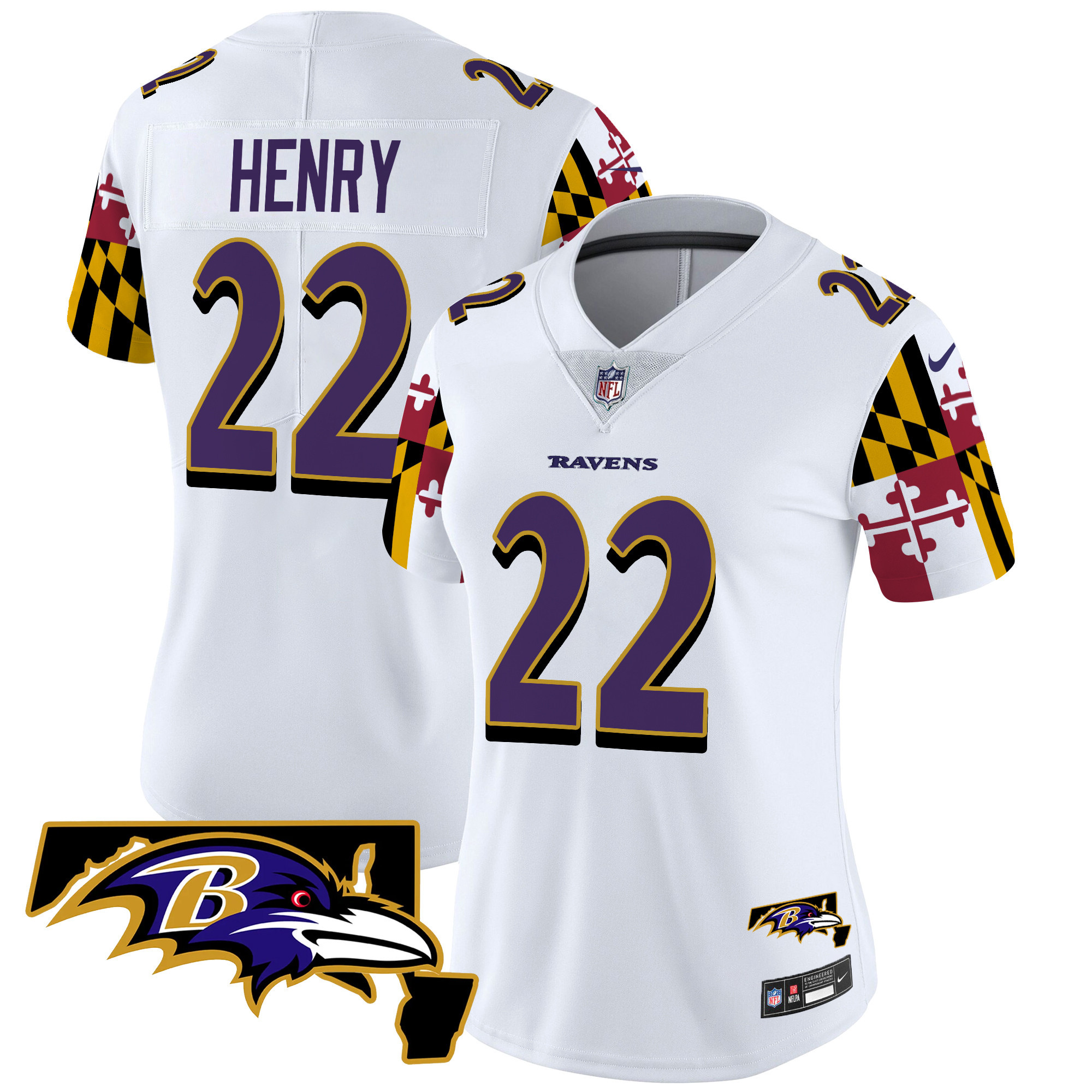 Women's Derrick Henry Baltimore Ravens Maryland Flag Vapor Limited White Jersey V2 - All Stitched