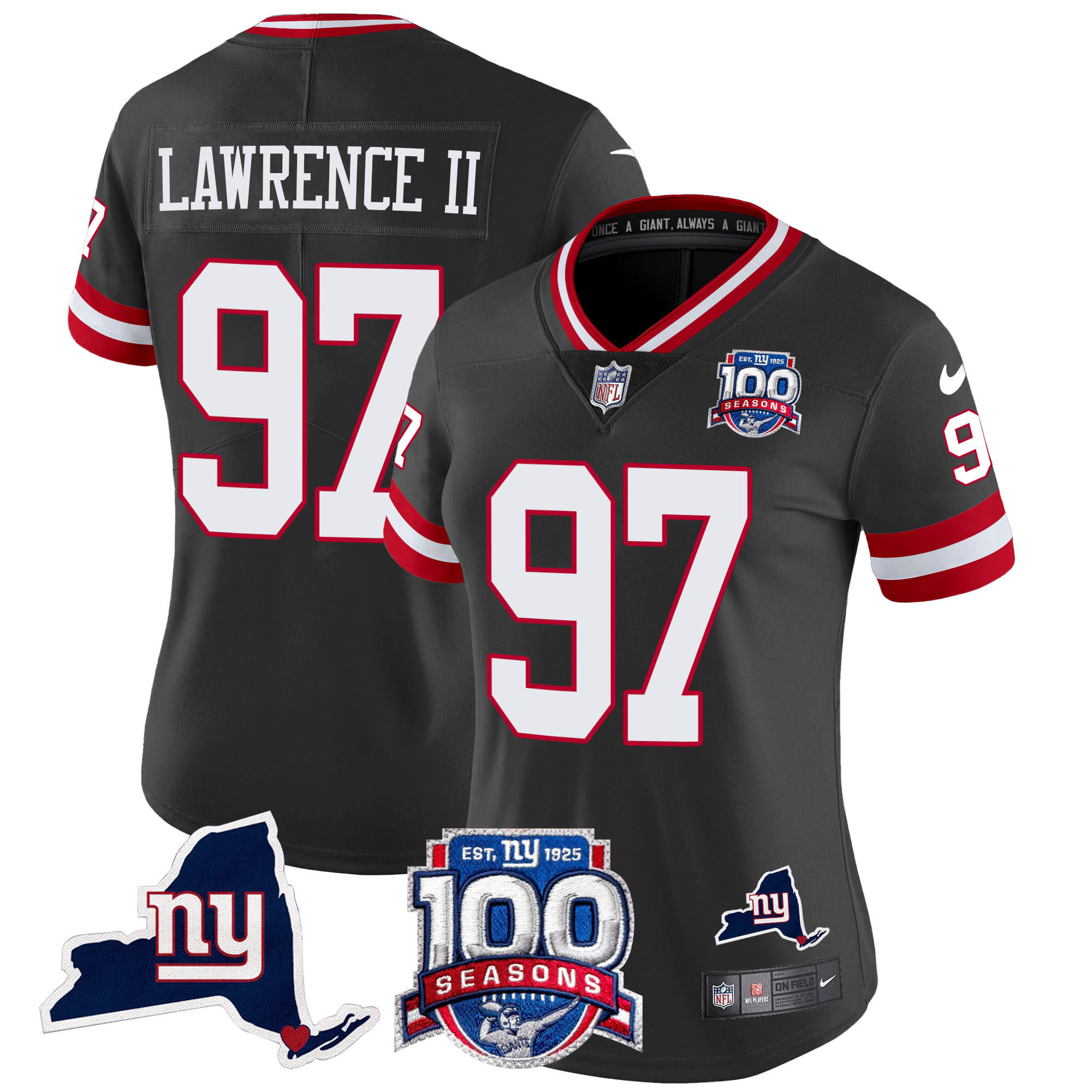 Women's Dexter Lawrence II New York Giants 100th Season & State Patch Vapor Limited Black Jersey - All Stitched