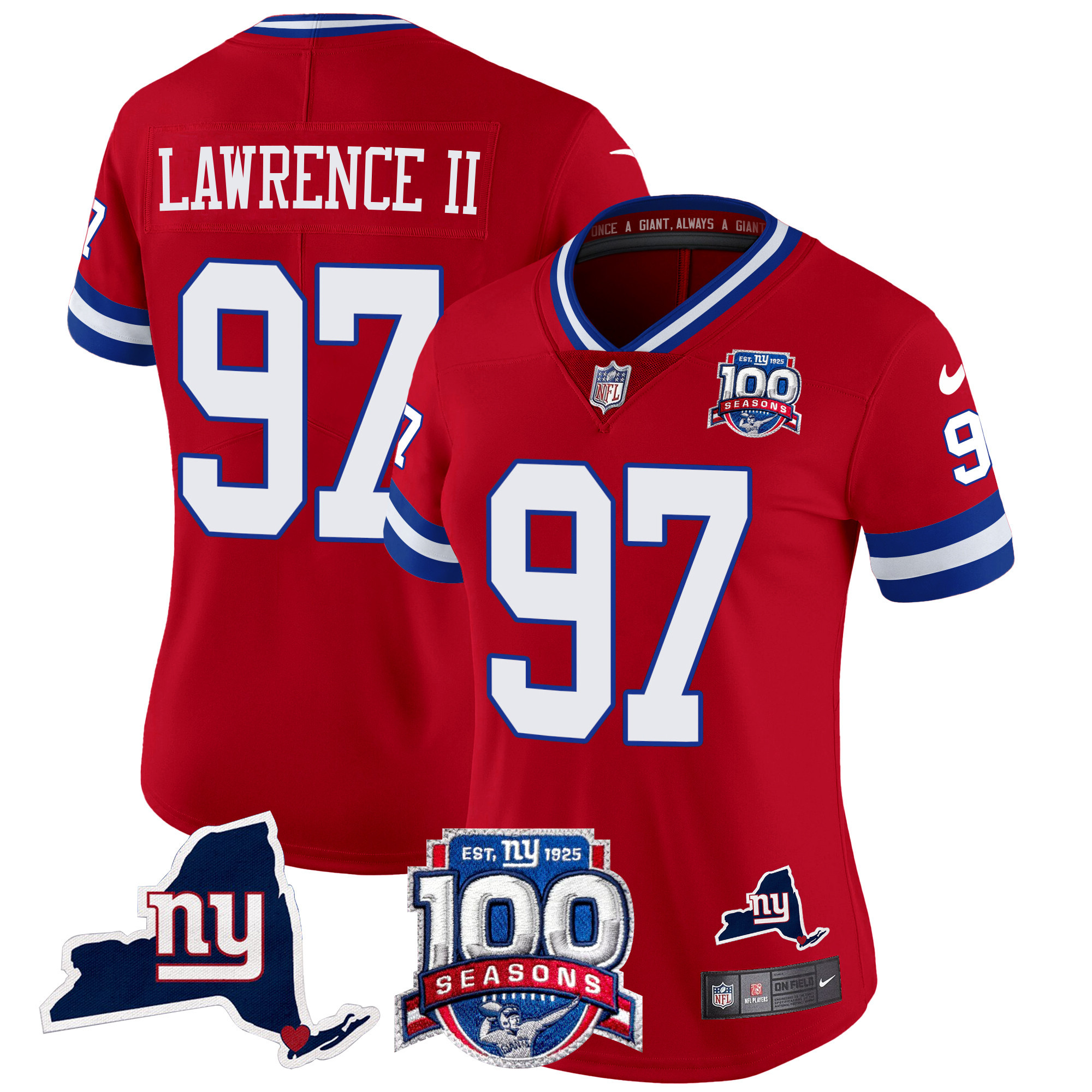 Women's Dexter Lawrence II New York Giants 100th Season & State Patch Vapor Limited Red Jersey - All Stitched