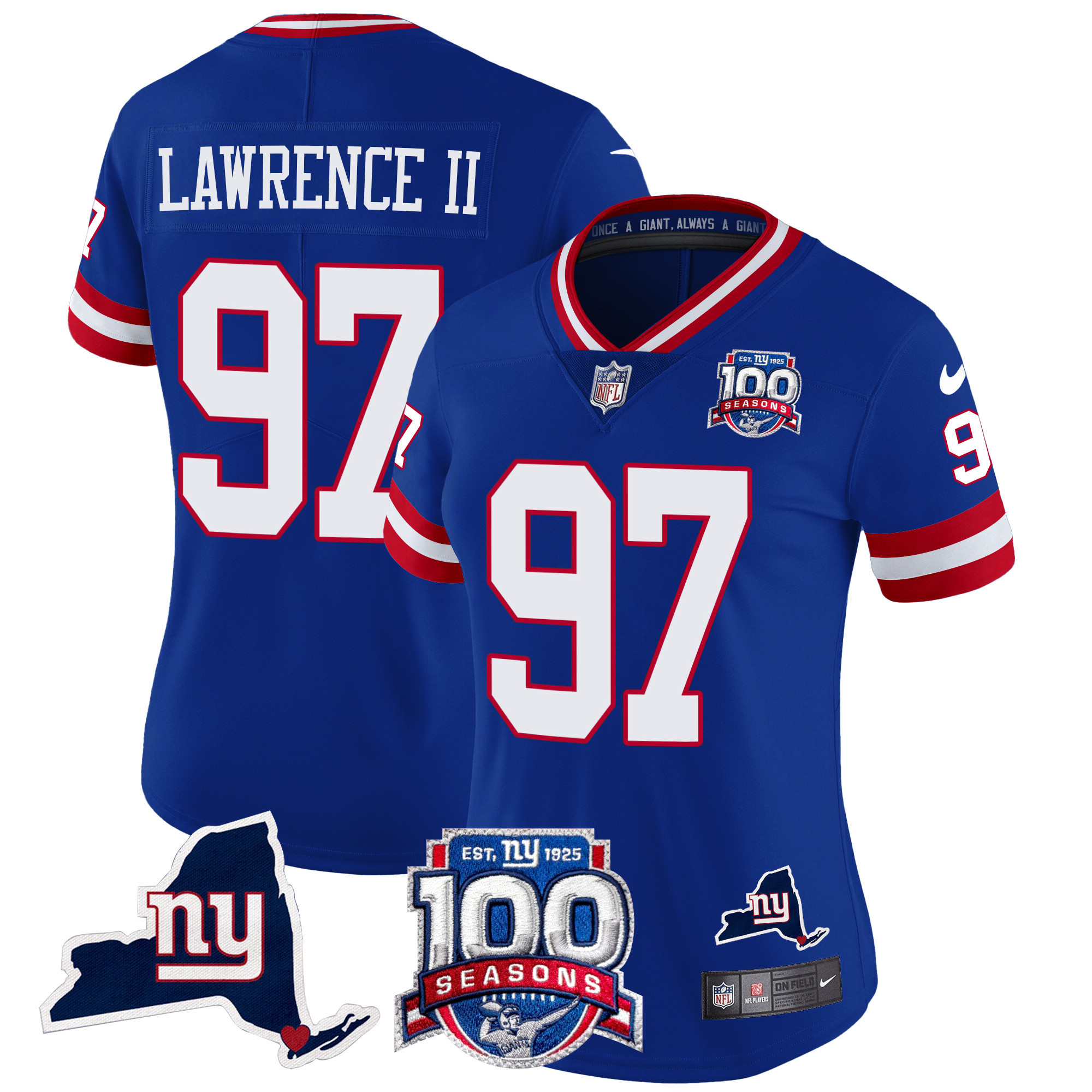 Women's Dexter Lawrence II New York Giants 100th Season & State Patch Vapor Limited Royal Jersey - All Stitched