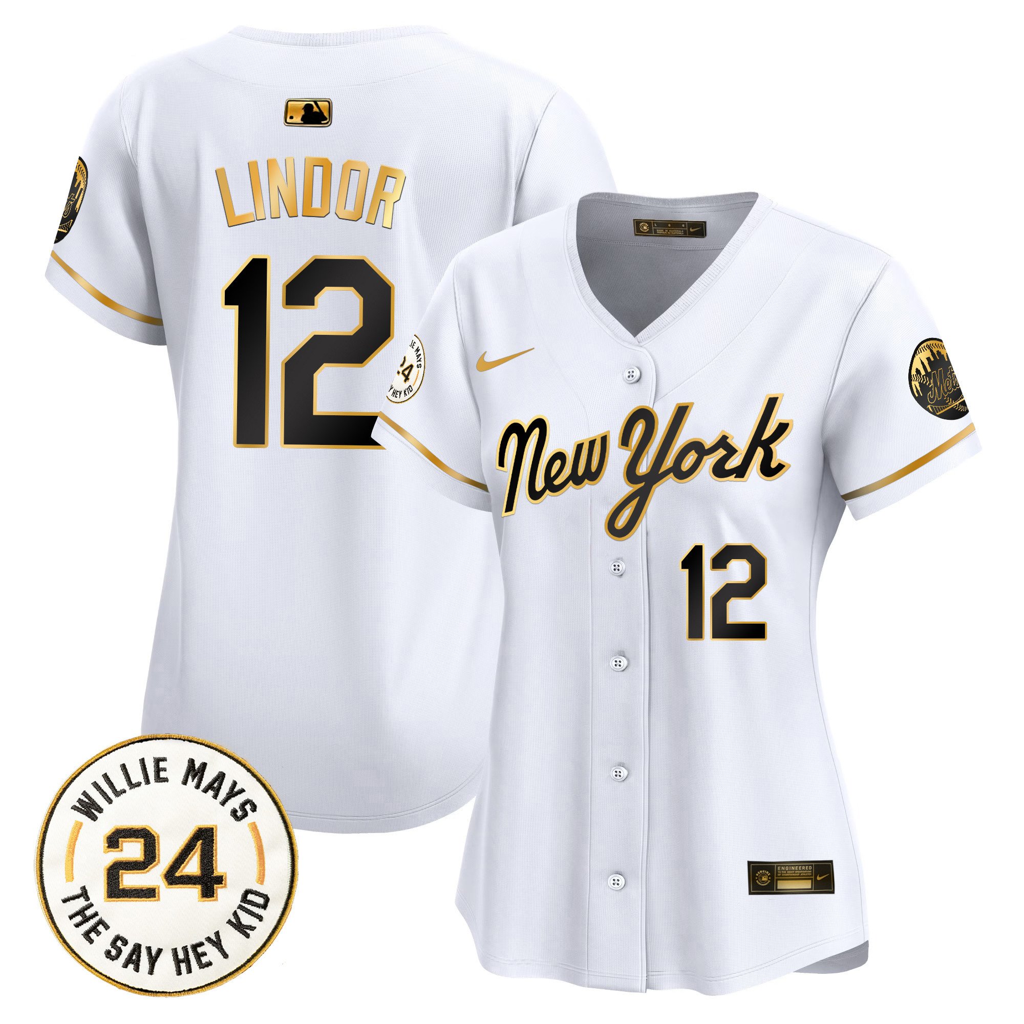 Women's Francisco Lindor New York Mets Willie Mays Patch Vapor Premier Limited New York Gold Jersey - All Stitched