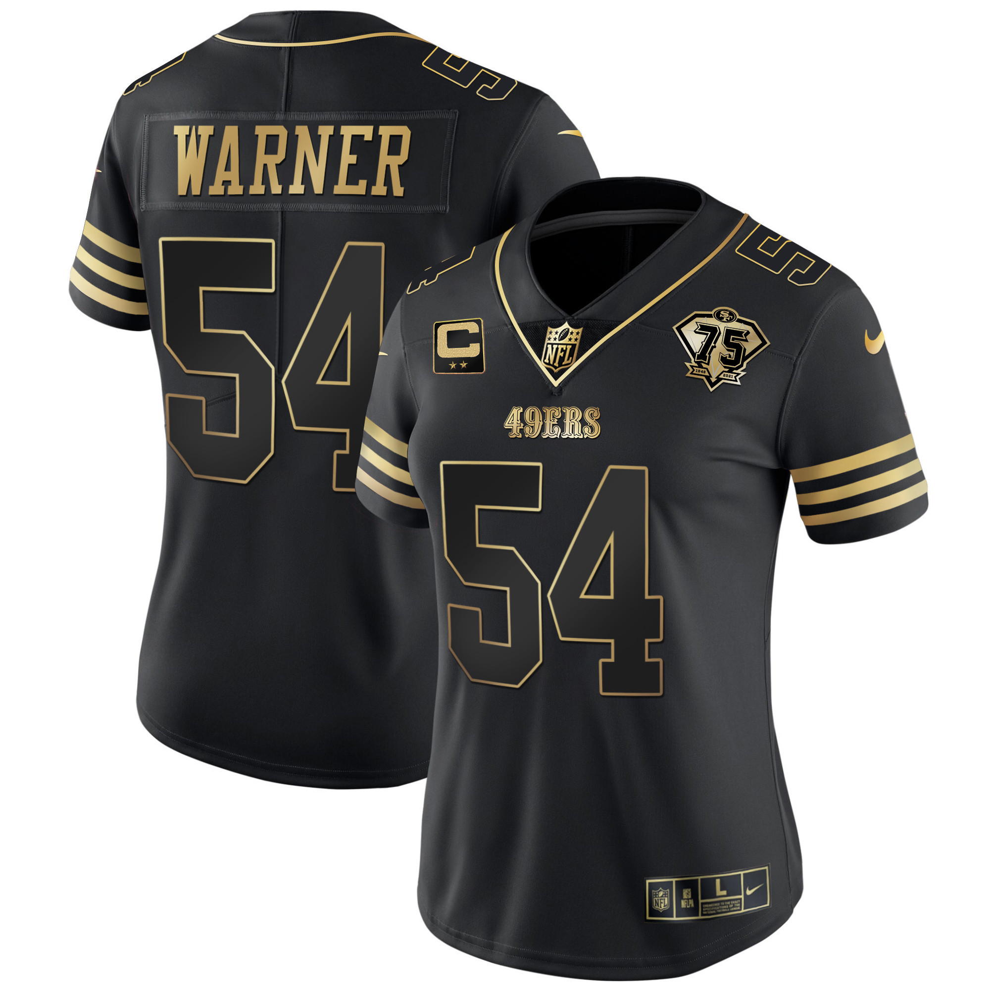 Women's Fred Warner San Francisco 49ers 75th Anniversary Patch Vapor Gold Black Gold Jersey - All Stitched