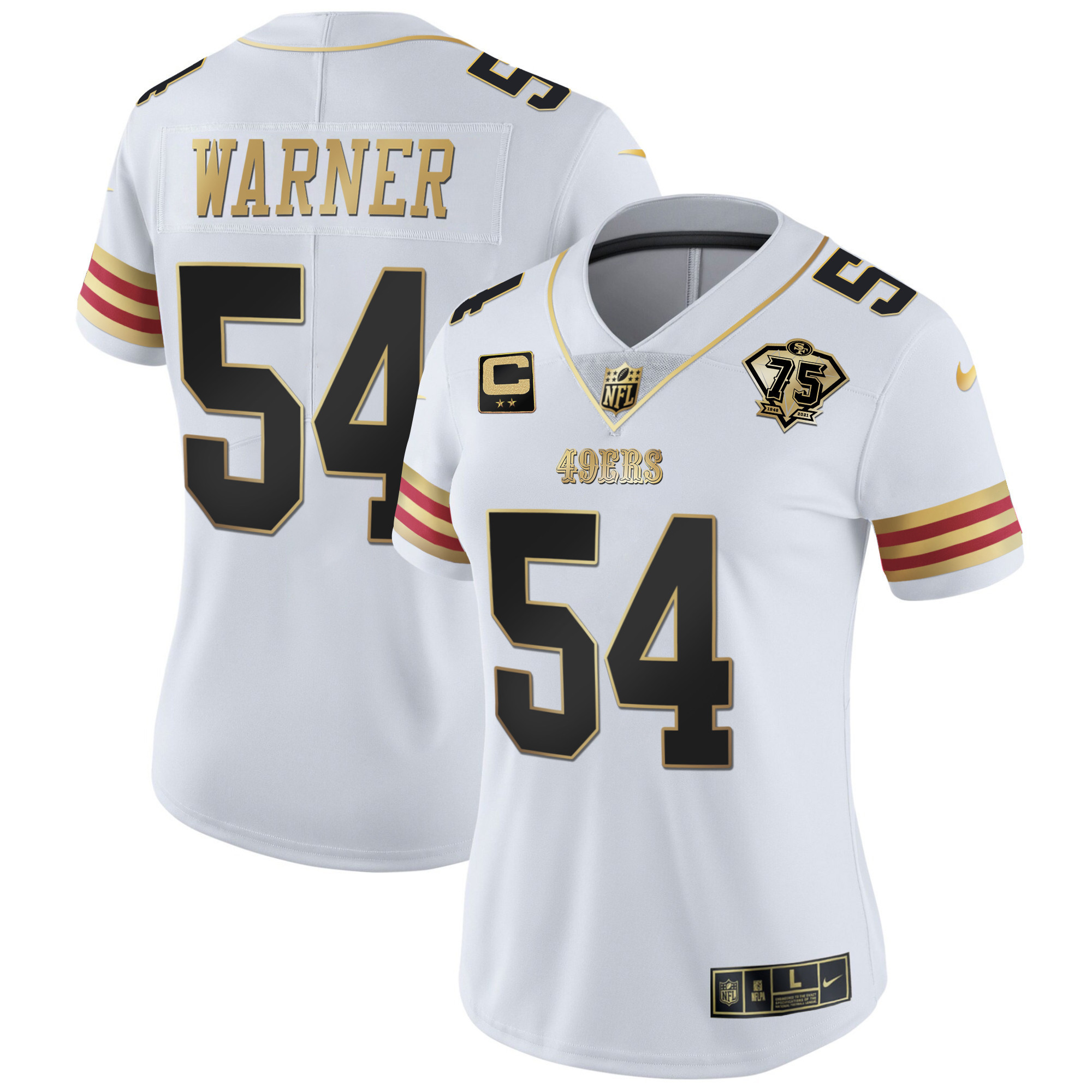 Women's Fred Warner San Francisco 49ers 75th Anniversary Patch Vapor Gold White Gold Jersey V2 - All Stitched